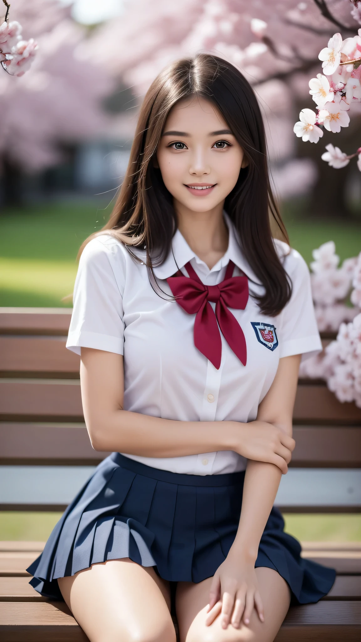 (1 girl), wonderful face and eyes, (big round eyes:1.15), (Highly detailed beautiful face), smile, (school uniform, pleated mini skirt:1.3), (school uniform with open breasts), (highest quality:1.4), (super detailed), (surreal, realistic:1.37), fair skin, Highly detailed CG integrated 8k wallpaper, RAW photo, professional photos, cinematic lighting, sitting, bench, spread your legs, (No panties), (cleft of venus:1.3), (Cherry Blossom),