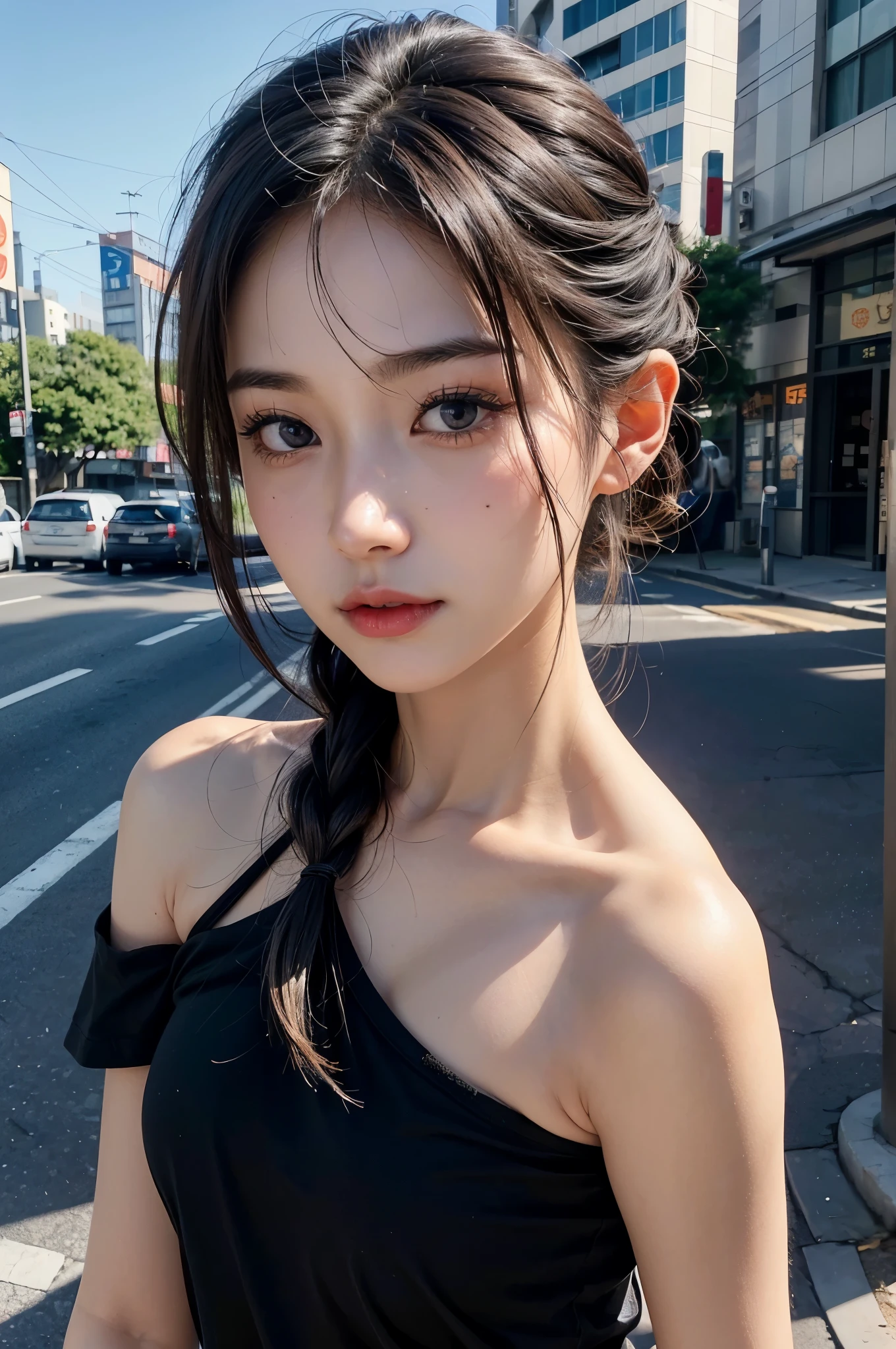 A woman in a black dress standing on a street corner - SeaArt AI