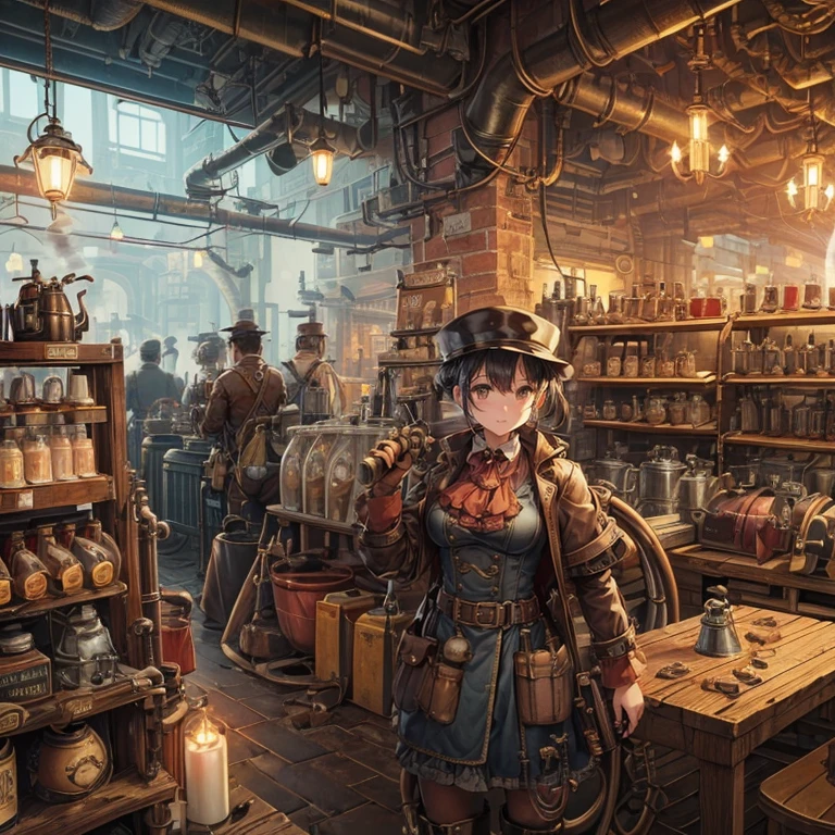 steampunk、　Industrial Revolution、hazy air、underground shopping street、Junk shop、person in retro clothes々、　There are many steam pipes throughout the town.、(Retro gas lamps with different shapes:1.1)、　(Steam spewing out from pipes:1.2)、　Armed girl、(lots of piping:1.4)、(big and small々plumbing:1.3)、general store、pipe with valve、duct