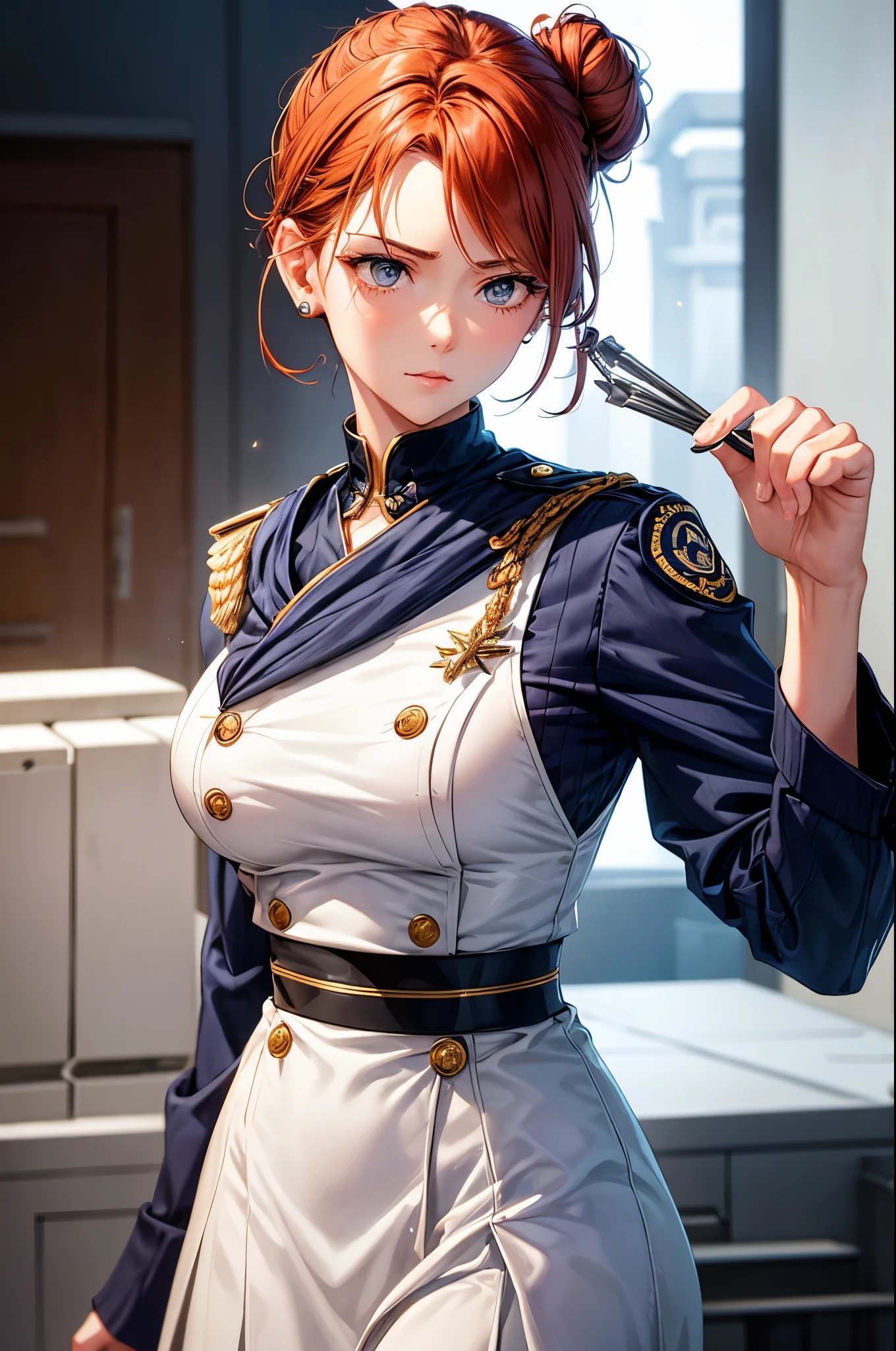 Hair Color: Auburn
Hair Style: Neatly pulled back into a tight bun.
Hair Accessory: A silver Navy insignia pin securing her bun.
Skin Color: Olive
Eye Color: Piercing blue
Face Impression: Strong and composed, with well-defined features and a subtle hint of determination in her gaze.
Character: A resilient and decisive naval officer, she commands respect with her unwavering leadership and exemplifies grace under pressure.