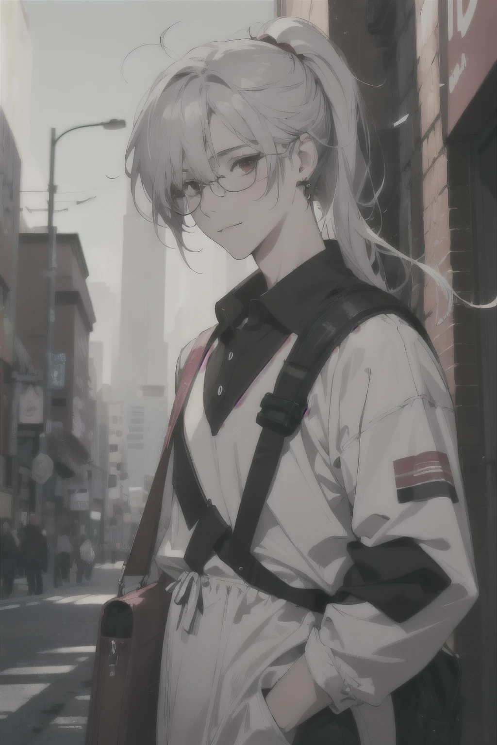 midjourney, ((best quality)), ((masterpiece)), (detailed), perfect face, 1male, handsome male, 30 to 40 years old, ((silver hair, extra long hair, messy hair ponytail)), ((red eyes)), depth of field, glasses, ((Bags under eyes)), smile, blush, fat (chubby), ((clean shaven)), (cyberpunk aesthetic, mecha), vivid colors, polo shirt, dress pants, crossbody bag