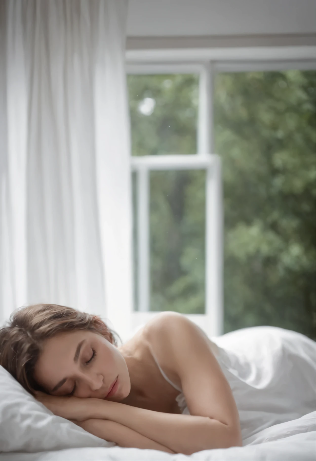 A pretty, charming girl in a small back pencil, full body (white), lying face down, sleeping in a white-sheet bed, facing back towards the camera, looking through the big window at the trees in the forest, raining outside the window, dark lighting, tranquil night at dawn, no blanket