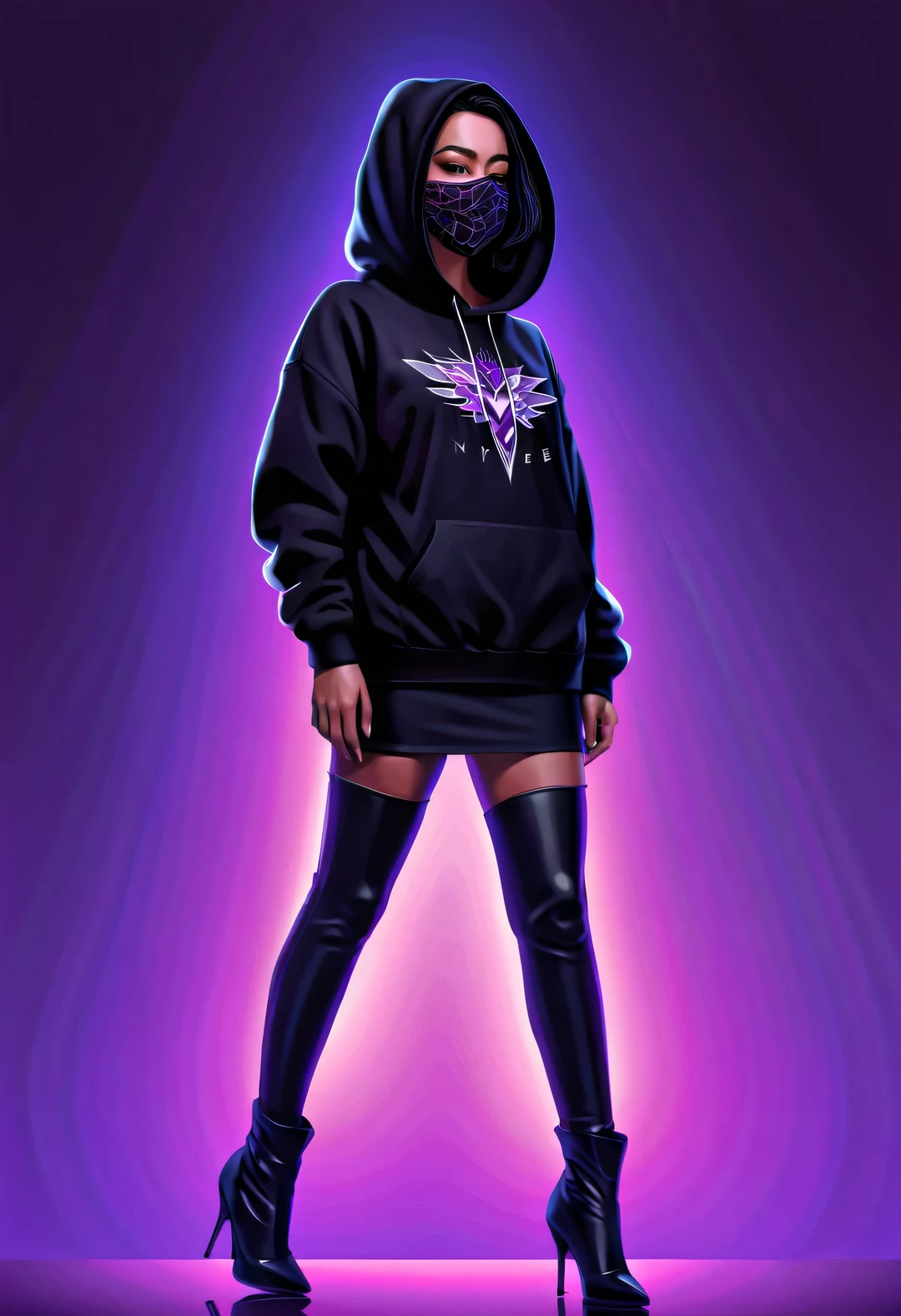 Vector illustration, Minimalism, number, vaporwave style, Beautiful and meticulous illustrations, A little more purple,
front,(whole body),Wearing a black hoodie with a crow pattern、Beautiful girl wearing face mask smiling and standing upright, very long,(beautiful high heels,), dramatic lighting, Trends on ArtStation, Award-winning, Icons are very detailed
