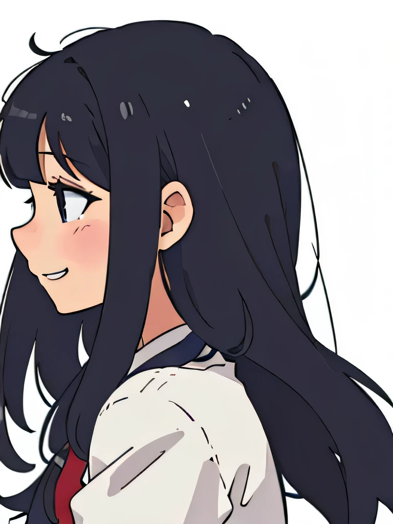 sideview Illustration of a girl having long hair with bangs, smiling , cute