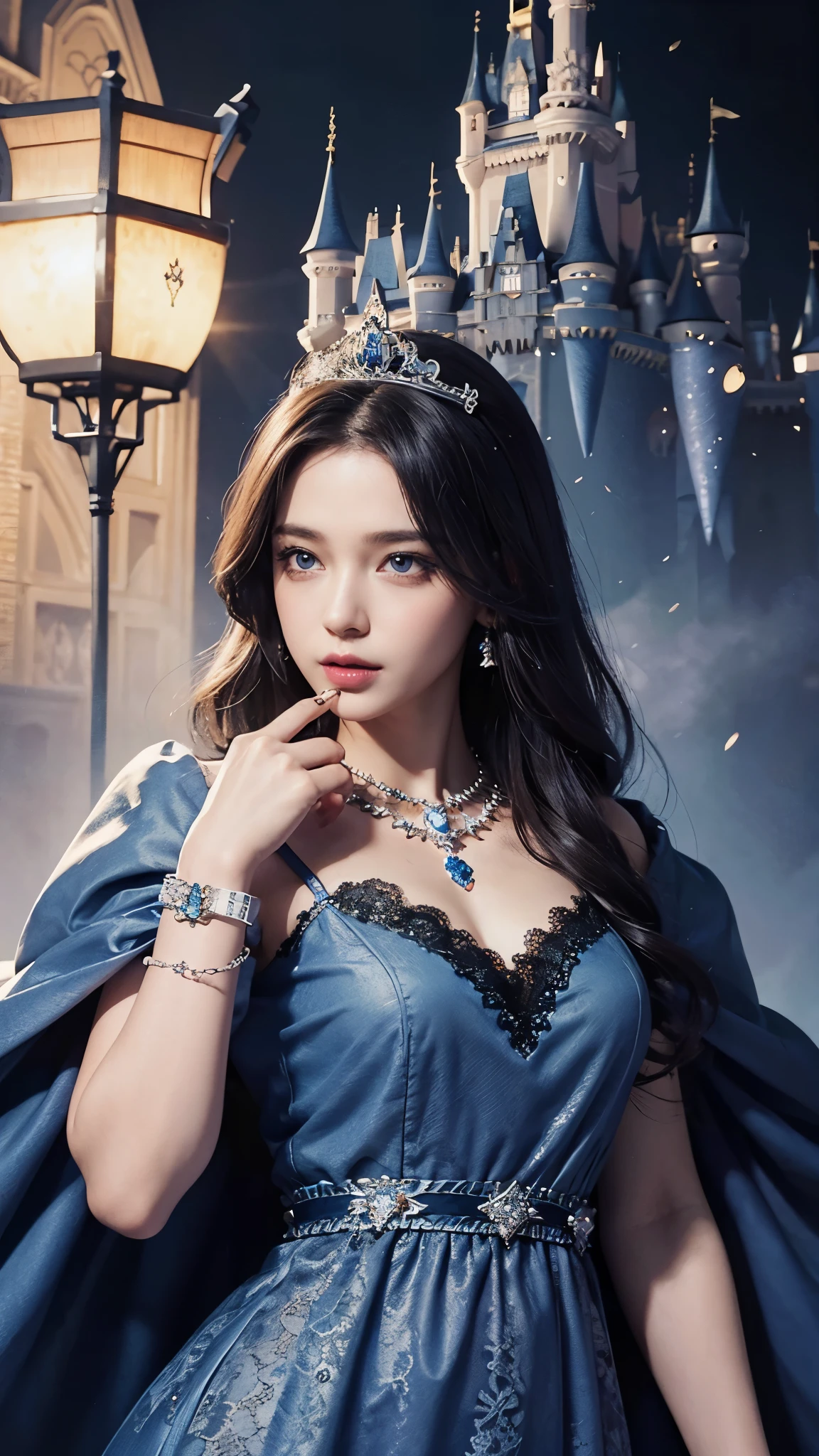 8K, ultra HD, masterpiece, realistic, 1 girl, good face, smoggy makeup, very long hair, princess hairstyle, detailed eyes, detailed lips, medium figure, very detailed dress, (blue dress:1.5), (strap:1.5), (lace:1.5), (net stocking:1), (jewelry:1.8), (princess castle background:1.5), water, bloom lighting, night lighting, darkness,