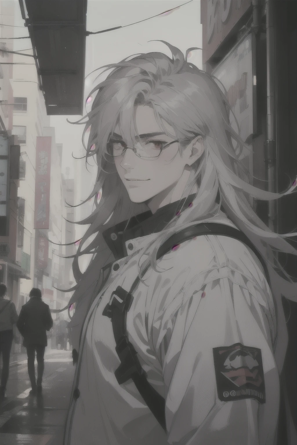 midjourney, ((best quality)), ((masterpiece)), (detailed), perfect face, 1male, handsome male, 30 to 40 years old, ((silver hair, extra long hair, messy hair)), ((red eyes)), depth of field, glasses, ((Bags under eyes)), smile, blush, fat (chubby), ((clean shaven)), cyberpunk aesthetic, mecha, vivid colors, [[[reading]]], physiotherapist