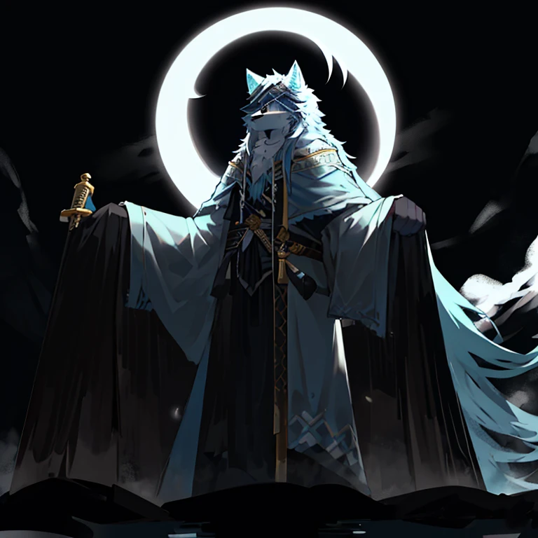 light blue and white wolf，hairy，long hair，A black cloth covered the eyes，Armed with a three-foot long sword，There is a crescent moon behind，standing on water