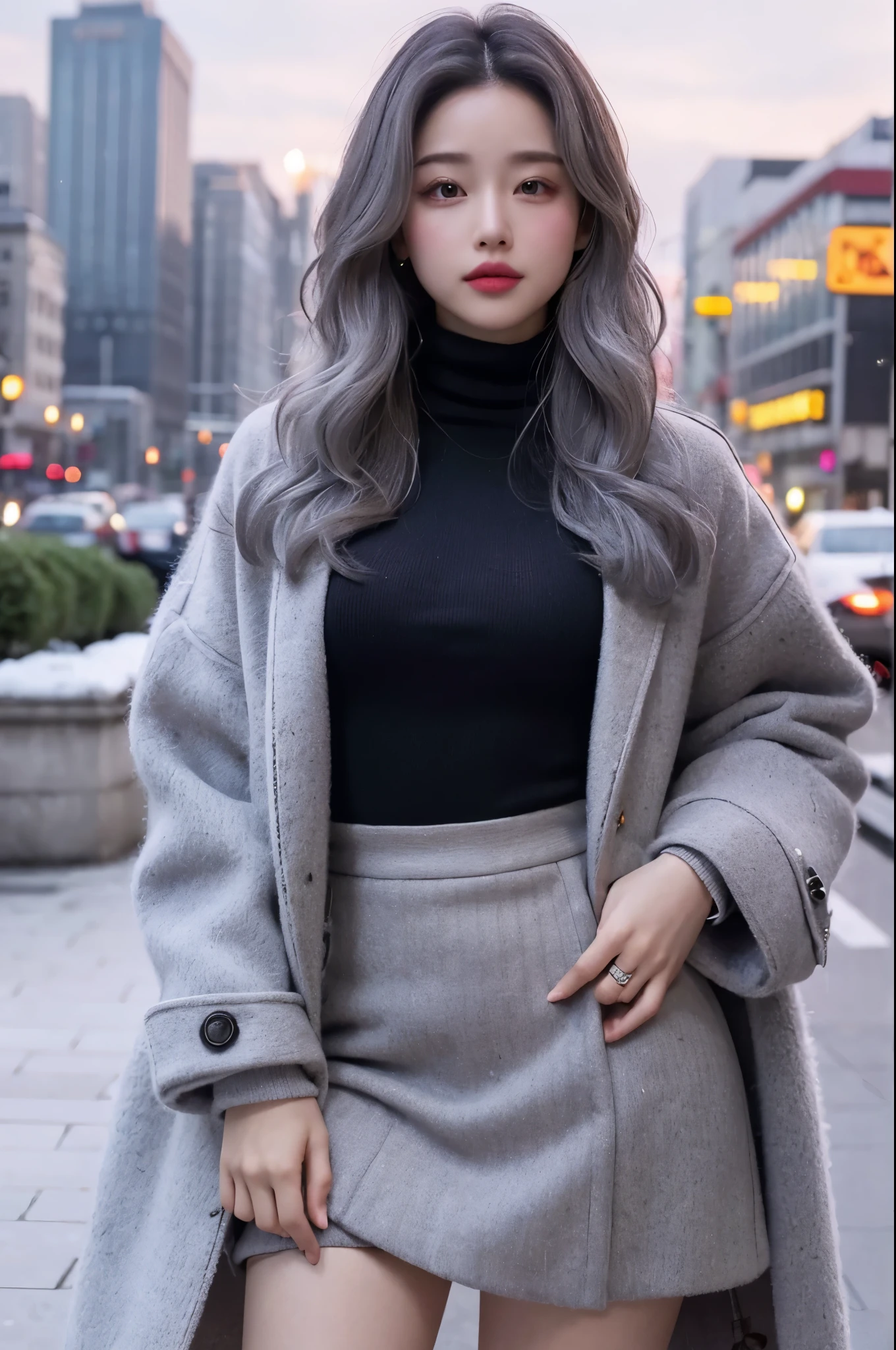 realistic, High resolution, 1 female, glowing skin, alone, wide lips,long hair,wavy hair, hip up,saggy breasts,small face,Gray color hair,Color Contacts,Turtleneck sweater,Tight Skirt,Wear a long coat,City of night