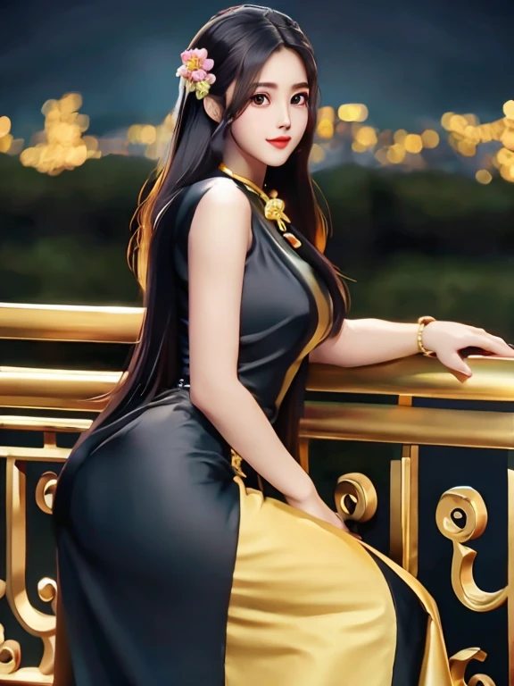 masterpiece, best quality, girl, solo, ((mature female)),, long hair, hair, princess, black dress(dress) (golden dress) fantasy, happy, looking at viewer, cartoon, anime, (oil painting)Burmese girl, 18 years old, Bagan pagoda view background, clear Hd 8k