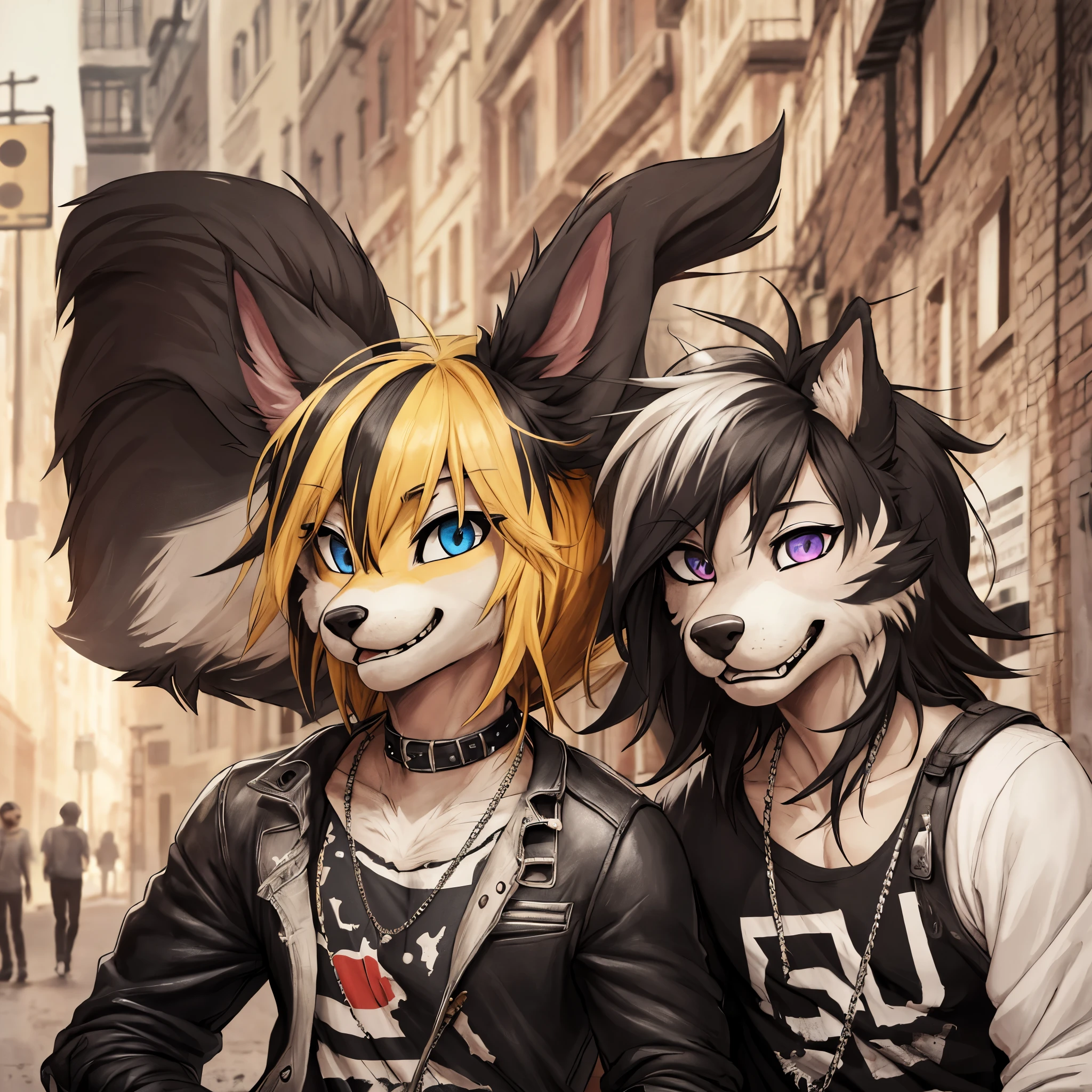 dynamic angle, top quality, best quality, High-quality illustrations, masterpiece, super high resolution, detailed background, detailed background, Stylish CD jacket, punk rock, torn Clothes, street, Concrete wall, group shot:0.1, 6+boys, 6+girls, Happy, joyful, absurdres(highly detailed beautiful face and eyes)perfect anatomy(kemono, furry anthro),