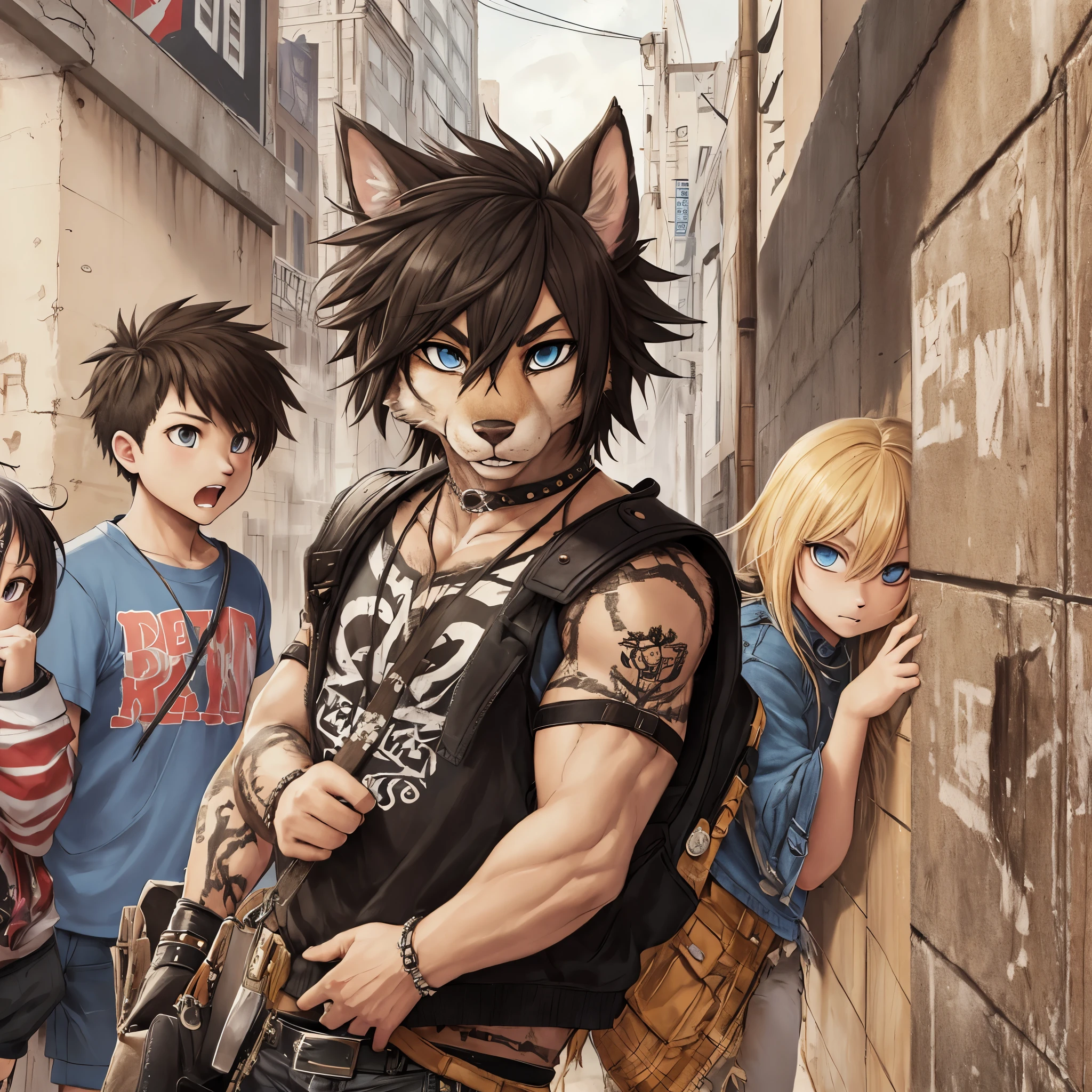 dynamic angle, top quality, best quality, High-quality illustrations, masterpiece, super high resolution, detailed background, detailed background, Stylish CD jacket, punk rock, torn Clothes, street, Concrete wall, group shot:0.1, 6+boys, 6+girls, Happy, joyful, absurdres(highly detailed beautiful face and eyes)perfect anatomy(kemono, furry anthro),
