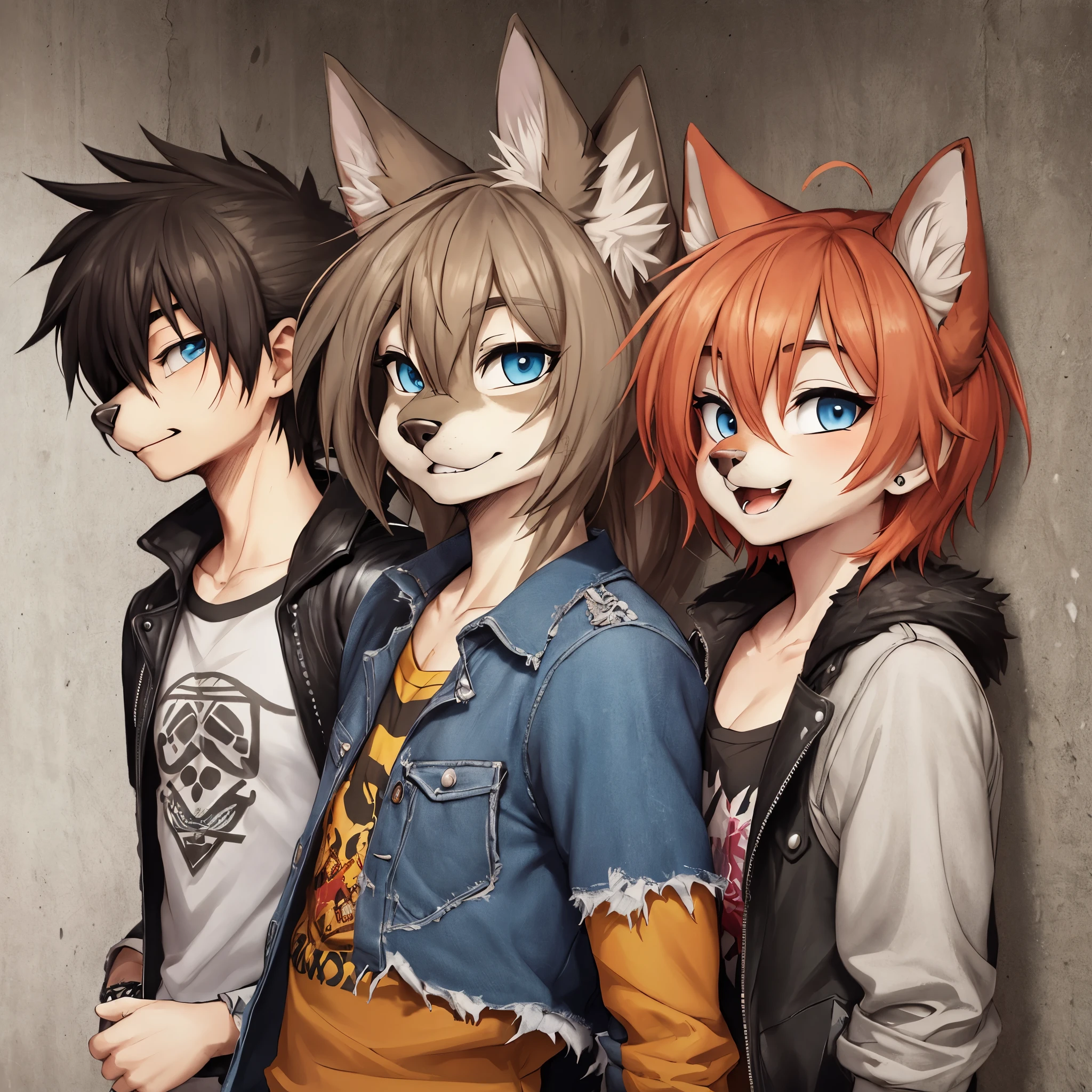 dynamic angle, top quality, best quality, High-quality illustrations, masterpiece, super high resolution, detailed background, detailed background, Stylish CD jacket, punk rock, torn Clothes, street, Concrete wall, group shot:0.1, 6+boys, 6+girls, Happy, joyful, absurdres(highly detailed beautiful face and eyes)perfect anatomy(kemono, furry anthro),