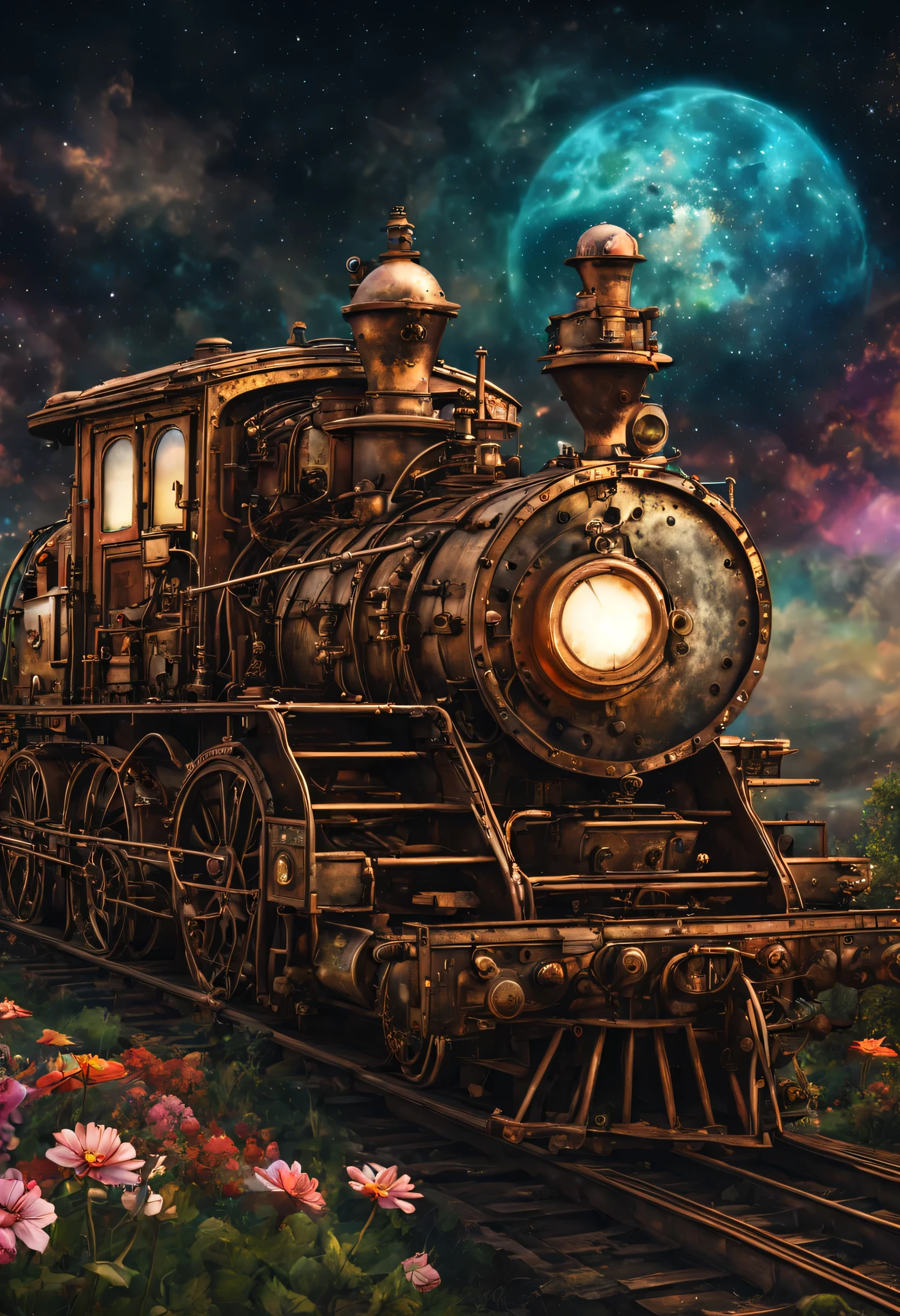 A vintage steampunk locomotive rides along rusty rails to a flower-filled steampunk station with large stained glass windows..... steampunk style. Against the background of the cosmic sky