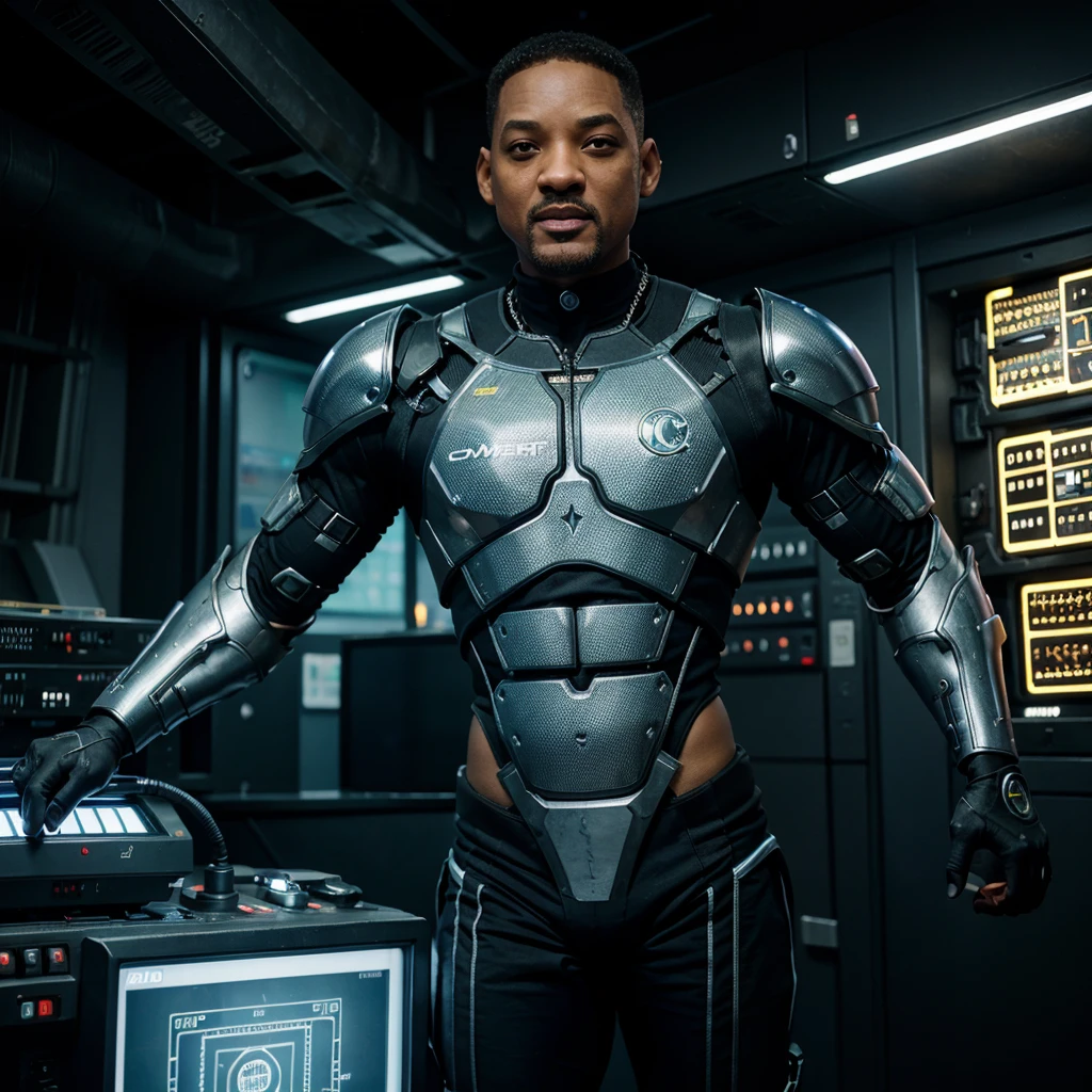 Will Smith wears DC cyborg armor, the background is a computer circuit board.