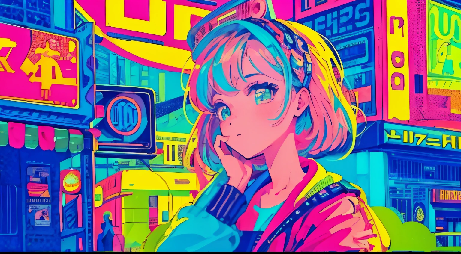 best quality, 4K wallpaper, masterpiece, extremely detailed CG unity 8k wallpaper, extremely detailed eyes, ultra-detailed, intricate details, close up 1 happy girl in center, retro art style, neon_pop art style, public, outdoors, road sign, city, people