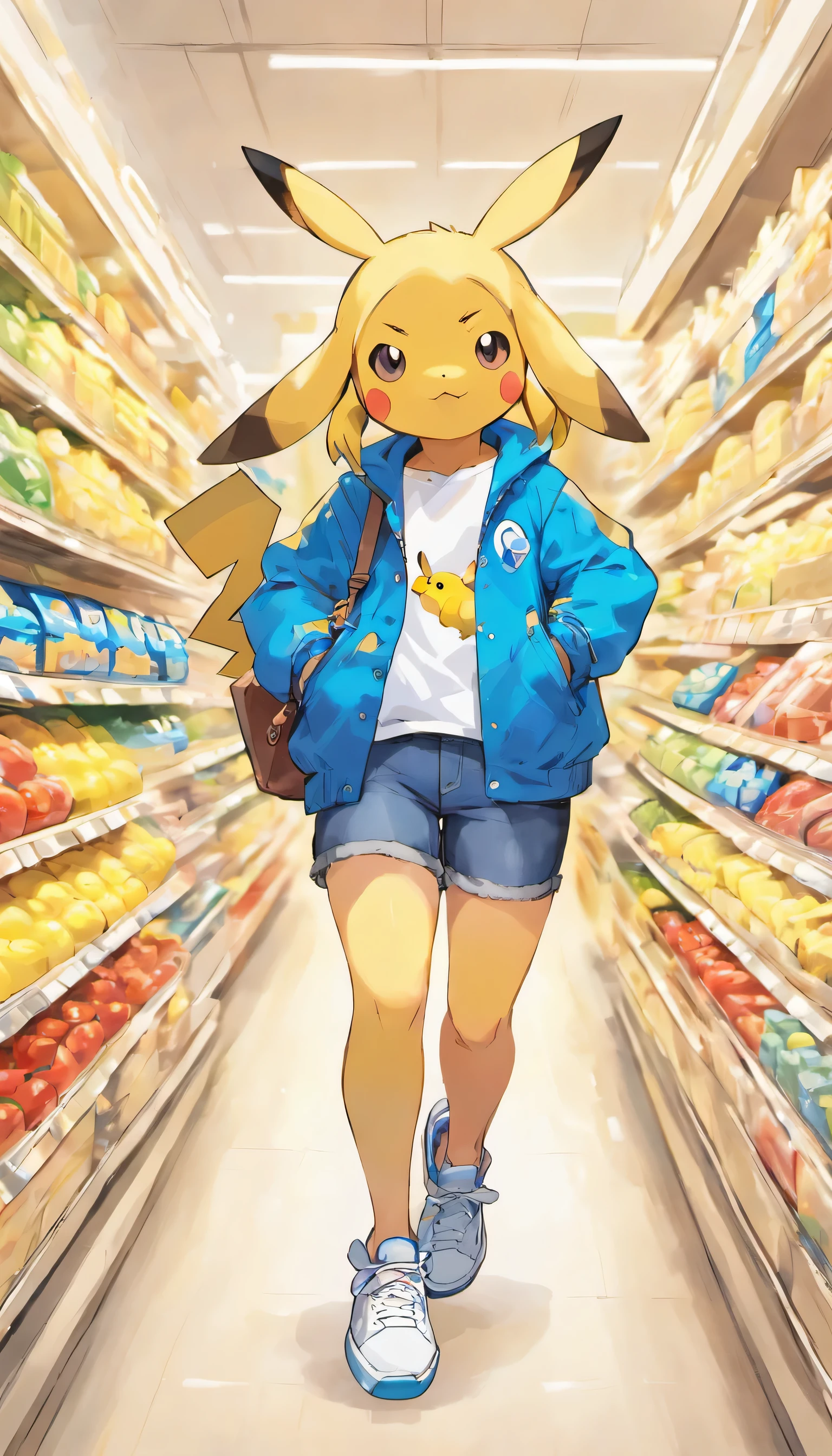 Pokemon: Pikachu wearing a white shirt, blue jacket, We also have blue jeans and white sneakers,go to the supermarket with a shopping cart