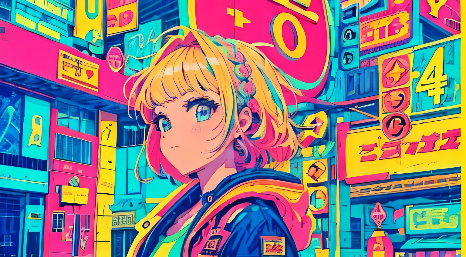 best quality, 4K wallpaper, masterpiece, extremely detailed CG unity 8k wallpaper, extremely detailed eyes, ultra-detailed, intricate details, close up 1 happy girl in center, retro art style, neon_pop art style, public, outdoors, road sign, city, people