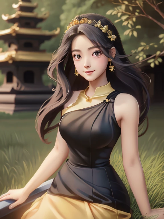 masterpiece, best quality, girl, solo, ((mature female)),, long hair, hair, princess, black dress(dress) (golden dress) fantasy, happy, looking at viewer, cartoon, anime, (oil painting)Burmese girl, 18 years old, Bagan pagoda view background, clear Hd 8k