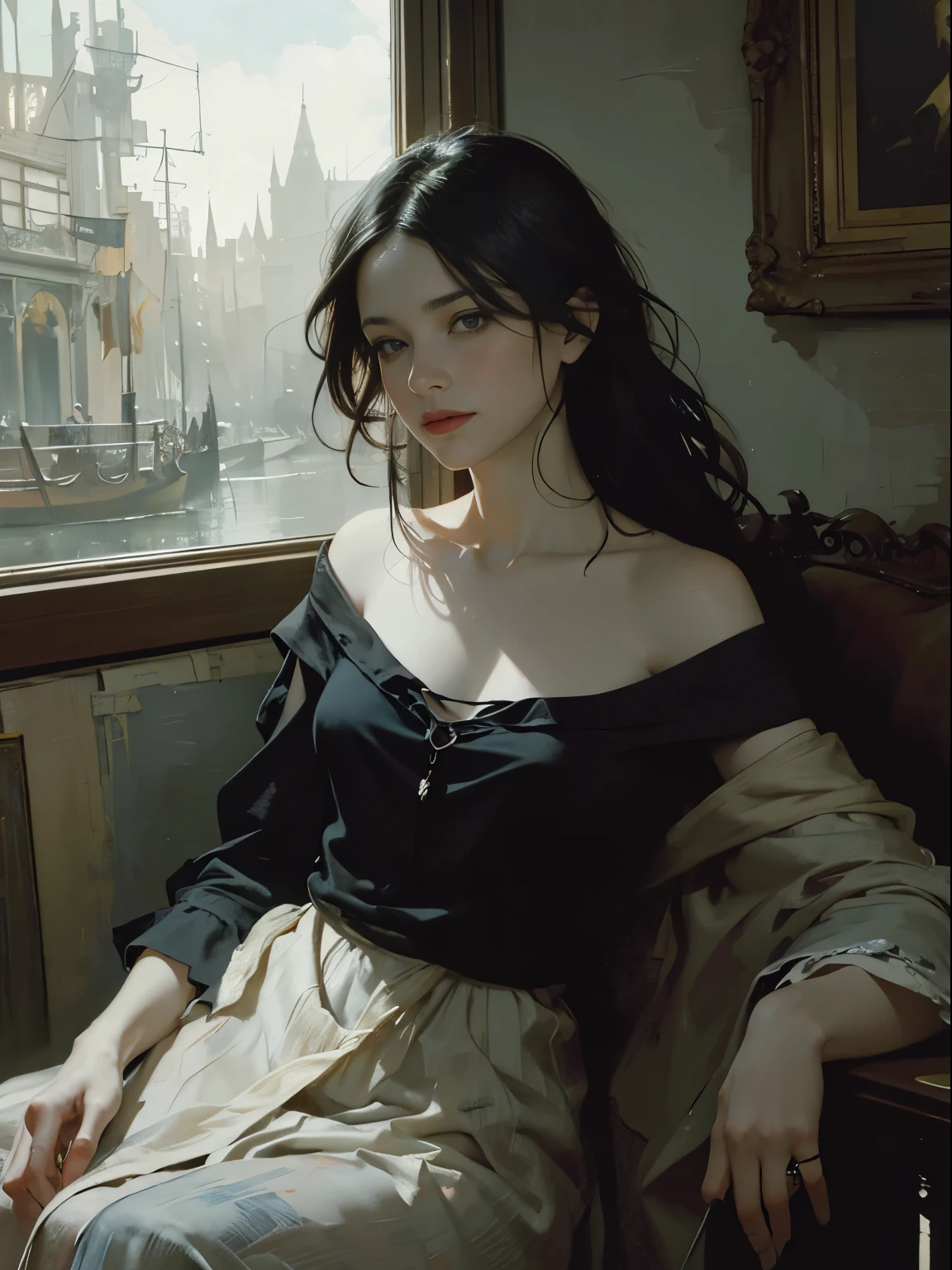 painting of woman, with influence of Jeremy Mann, Jeremy Mann, style of Jeremy Mann, Jeremy Mann painting, Jeremy Mann art, Ron Hicks, Liepke, Jeremy Mann and alphonse mucha, Works that influenced Edmund Blampid, robert lenkiewicz, Casey Baugh and James Jean, Works that influenced Willem Kalf, Nick Alm, tumbler, figurative art, Intense watercolor painting, watercolor detailed art,Beautiful and expressive paintings, Beautiful artwork illustration, wonderful, cool beauty, highest quality,official art, women only, sharp outline, melancholy, nostalgia, nostalgia,Eyes without pupils, color eye, ideal anima, In search of lost time, marcel proust, sentimental, outdoor