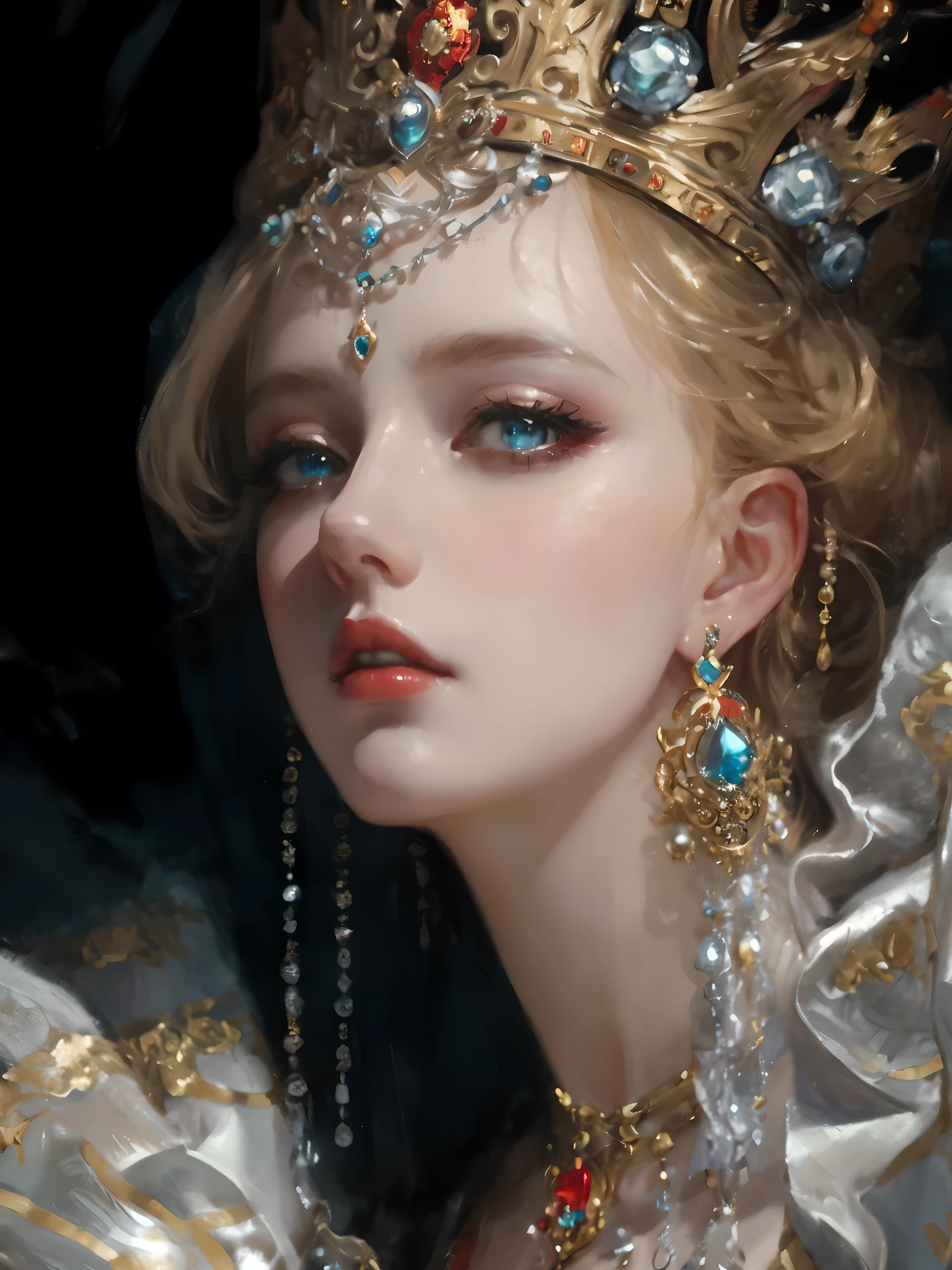 Wearing a crown、drawing of woman wearing tablecloth, beautiful fantasy queen, Gurwitz style artwork, Gurwitz Masterpiece, guweiz, ((beautiful fantasy queen)), guweiz on pixiv artstation, 8k high quality detailed art, beautiful figure painting, Detailed 4K, guweiz on artstation pixiv