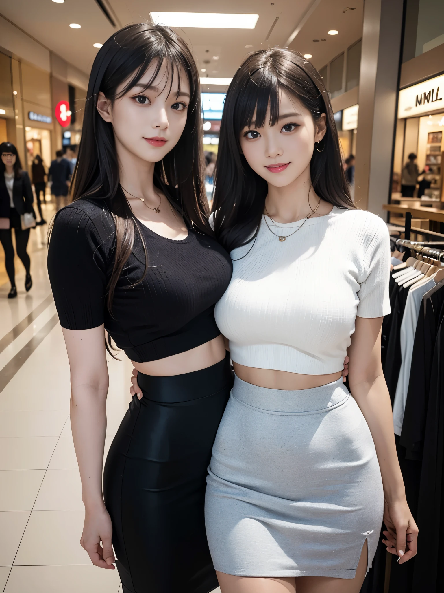 (Best Quality, Masterpiece, Photo realistic, Ultra Detailed, ultra high res, raw:1.3), (2 girls:1.3), beautiful, Japanese, mature, 28yo, (tight knit, pencil skirt), (smile), long hair, bangs, high-waist, necklace, shopping mall, cowboy shot, good thigh, (big breasts:1.3)