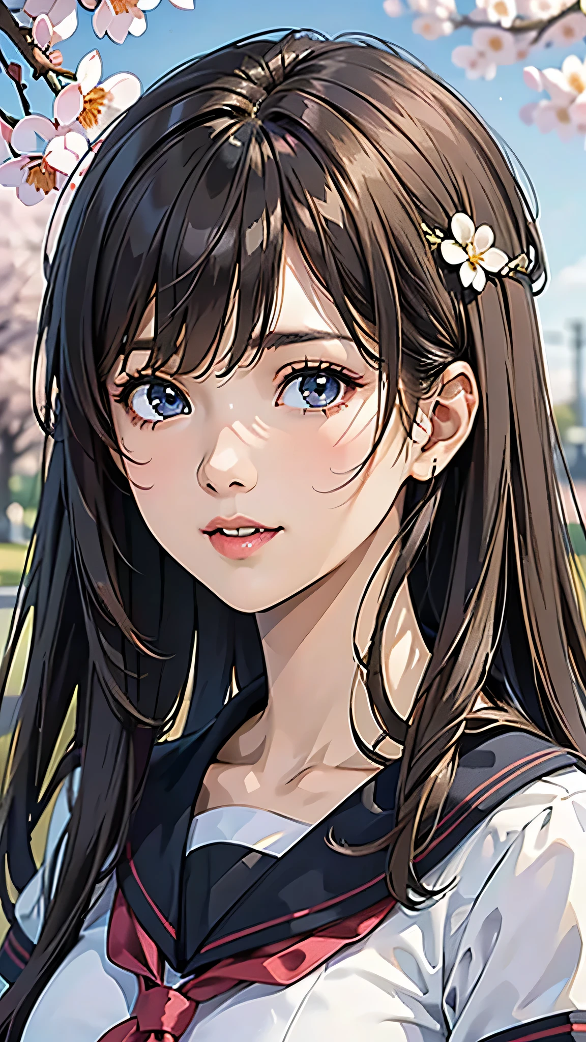 (1young girl), Amazing face and eyes, (amazingly beautiful girl), (Best Quality:1.4), (Ultra-detailed), (extremely detailed CG unified 8k wallpaper), Highly detailed, High-definition raw color photos, Professional Photography, sailor uniform, school uniform, School, Spring, cherry blossoms,