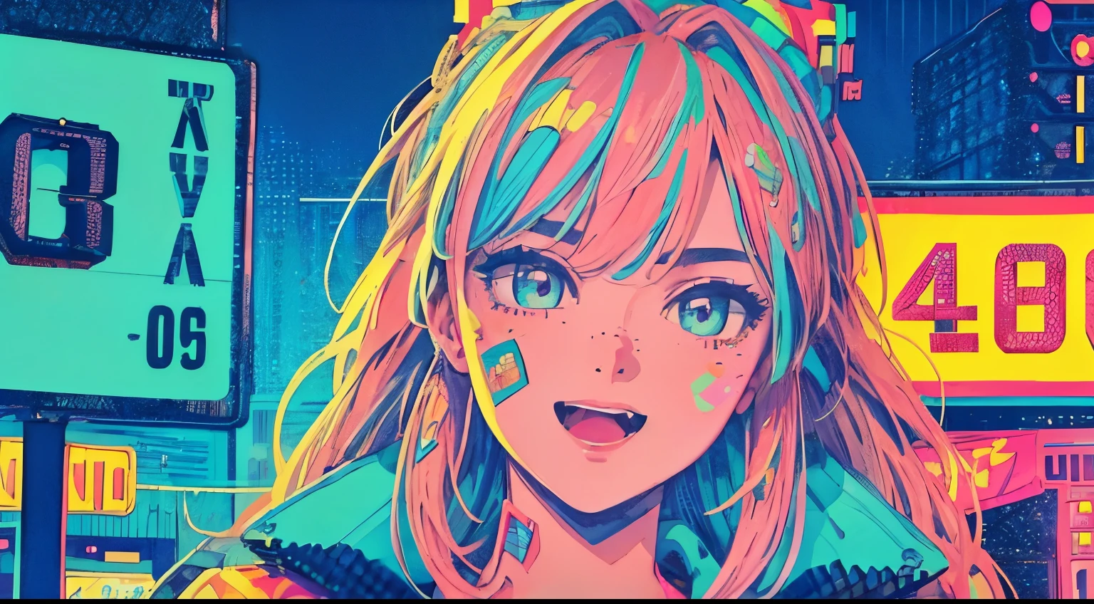 best quality, 4K wallpaper, masterpiece, extremely detailed CG unity 8k wallpaper, extremely detailed eyes, ultra-detailed, intricate details, face close up 1 happy girl in center, retro art style, neon_pop art style, public, outdoors, road sign, city, people