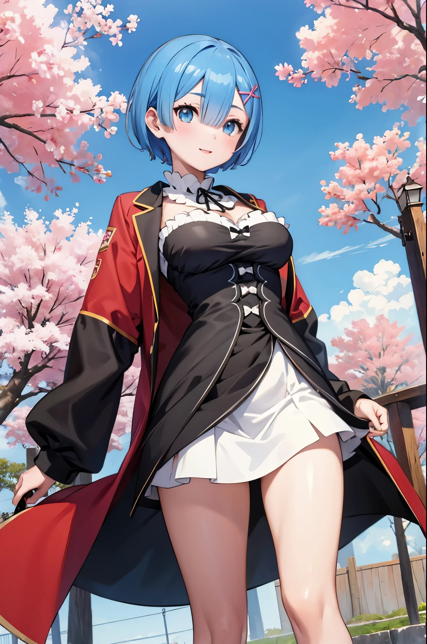 1 girl, rem re:zero, body, sexy girl, wearing leggings, red jacket, big breasts, delicate face, short hair, blue hair beautiful smile, cherry blossom background, temple background