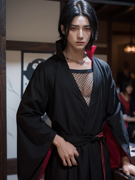 Itachi Uchiha male, pelo negro, cabello corto, , Vestido Akatsuki, ojos rojos, Ojos de Sharinggan, Mirando al espectador, de pie, Cuerpo perfecto, mirada penetrante.