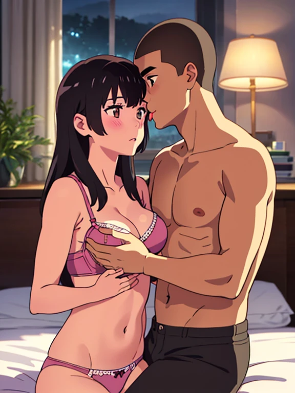 masterpiece:1.6, best quality), finely detailed beautiful eyes: 1.2), colorful, shinkai makoto, kimi no na wa., 1boy, buzzcut, muscular, brown eyes, , boy caressing girl's body, breast groping, breast grope, hold breast,1girl, bangs, black hair, waterfall braid, red ribbon, long hair, blush, bow, brown eyes, pink bra lift up, medium breast, pink , , pink panties, indoors, sit, sitting on bed , bed,bedroom, lamp, cowboy shot, face to face, lick cheeks