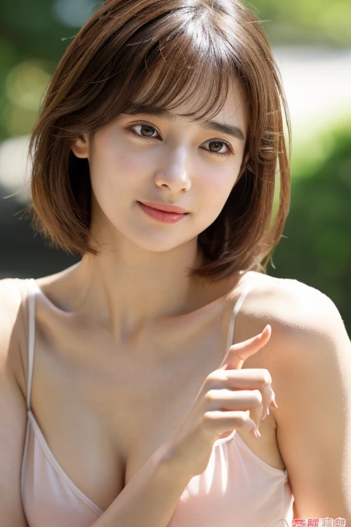 (RAW photo, highest quality), naked, Sheer Dress, tight waist、necklace, 、very delicate and beautiful, soft light, (brown hair, short hair swaying in the wind, bangs), beautiful detailed girl, (finger details), highly detailed eyes and face, beautifully detailed nose, beautiful and detailed eyes, 1 girl, Japanese, Neat beauty, cute, young, smile, ,(medium breasts), realistic face, realistic body, From navel to head、thick thighs、naked, The hair on the skin shines、mole on face and chest、dress swaying in the wind、stare at the camera、tight waist、garden、Bokeh
