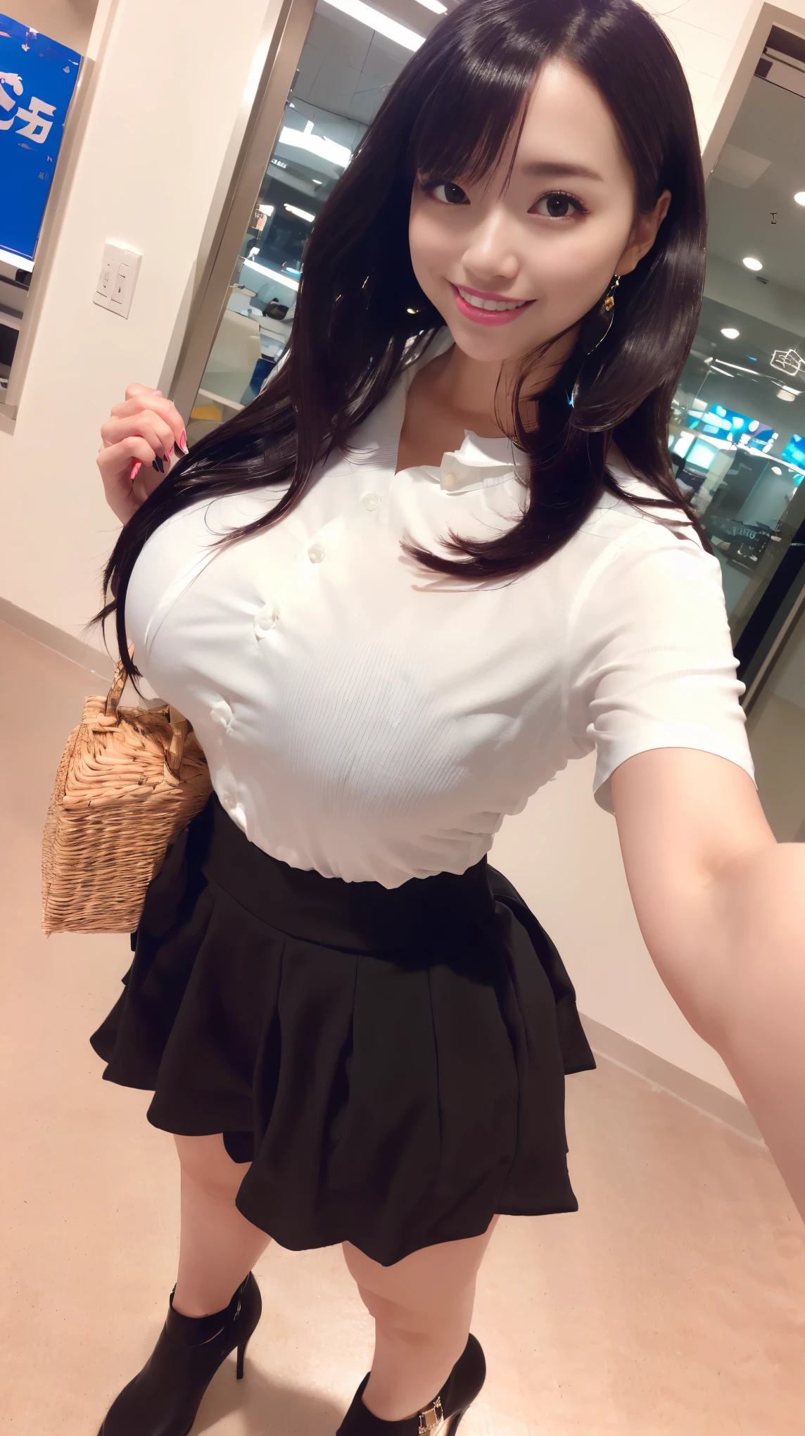(8K、ultra high resolution、highest quality、masterpiece、realistic、ultra high resolution)、(big breasts、Always wear a white shirt、Always wear a long flared skirt:1.28)(Daytime Downtown、Must have long black hair:1.18)japanese woman、cute smile、high heels