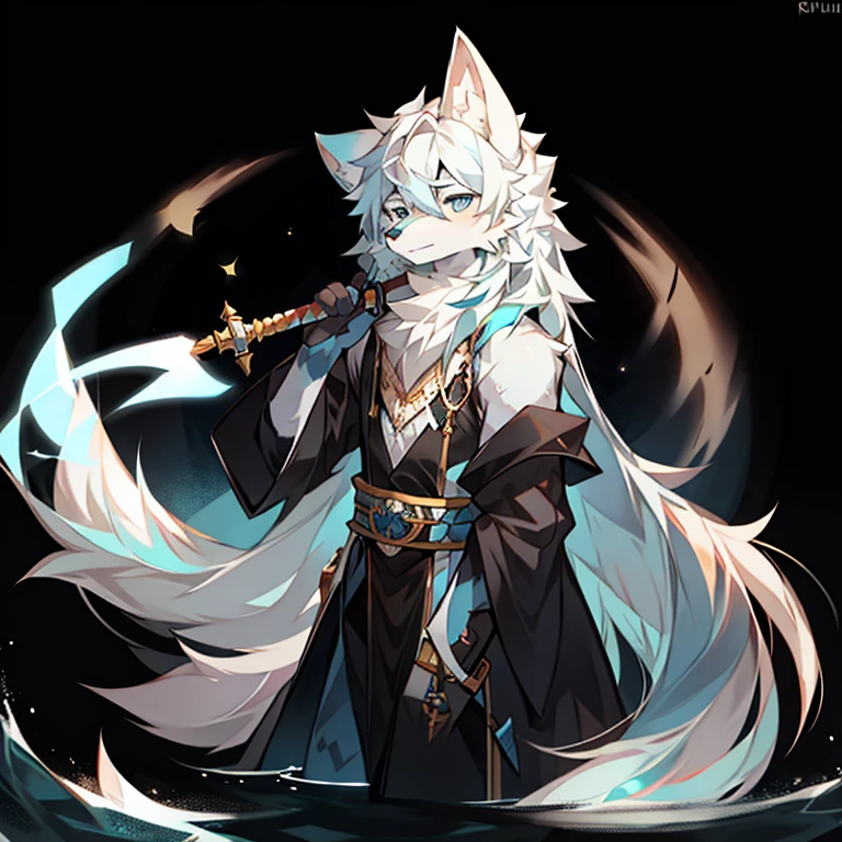 light blue and white wolf,hairy,long hair,His eyes were covered by a black cloth,Armed with a three-foot long sword,There is a crescent moon behind,standing on water,Handsome,Runes float beside,Fingers holding an ice butterfly