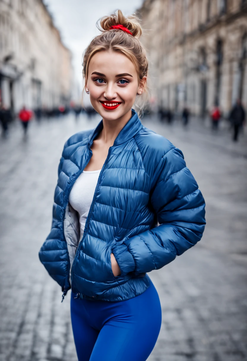 ultrarealistic high quality photo of a beautiful young tall busty european teen girl with cute face and natural blonde messy bun and beautiful embarrassed smile, realistic eyes, freckles, glossy red lips, smokey eyes makeup, wearing blue running tights and small padded jacket, full body side view street photography