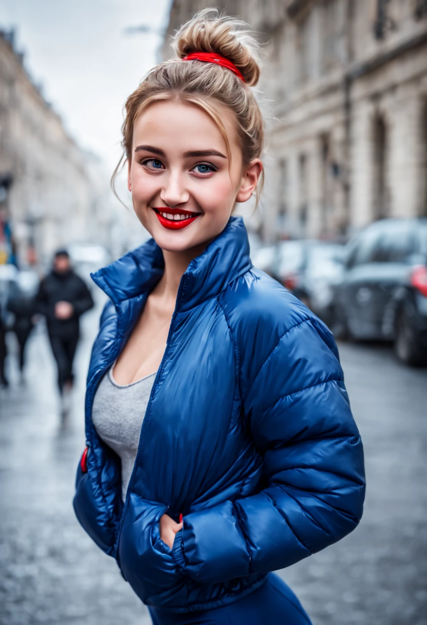 ultrarealistic high quality photo of a beautiful young tall busty european teen girl with cute face and natural blonde messy bun and beautiful embarrassed smile, realistic eyes, freckles, glossy red lips, smokey eyes makeup, wearing blue running tights and small padded jacket, full body side view street photography