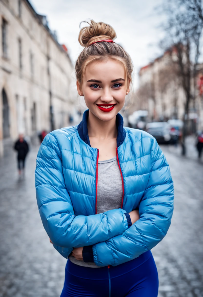 ultrarealistic high quality photo of a beautiful young tall busty european teen girl with cute face and natural blonde messy bun and beautiful embarrassed smile, realistic eyes, freckles, glossy red lips, smokey eyes makeup, wearing blue running tights and small padded jacket, full body side view street photography