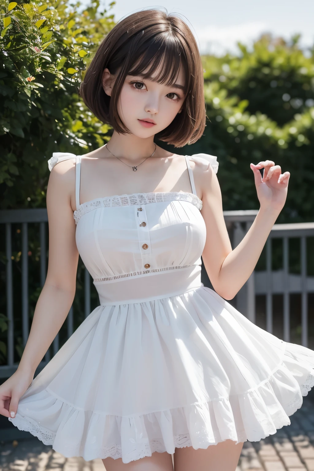 best quality, 32k, RAW photo, incredibly absurdres, extremely detailed, delicate texture, neat and cute girl, 18 years old, shy, a frilly, fluffy pure white dress like an idol's, skirt lift, perfect body line, beautiful glossy short bob hair, wind, professional lighting