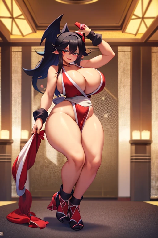 masterpiece, high resolution, best quality, beautiful art, rendered art, well formed hands, body and fingers, 1 woman, solo, Rouge the bat, human form, female adult, big breasted, cleavage, cosplaying as Mai Shiranui, sexy outfit, alluring body, sexy legs, hips and thighs, full body, dancing seductively, sexy moves, lifted pelvic curtain, alluring dancing, smiling joyfully, holding open fans on her hands, looking at the viewer, flirting, beach environment 