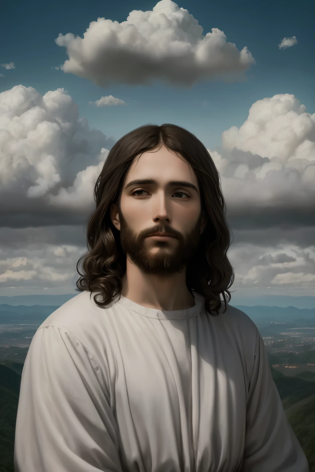 Jesus flutuando no ar no topo das nuvens com raios pelas nuvens, Surrealism, 8k, super detail