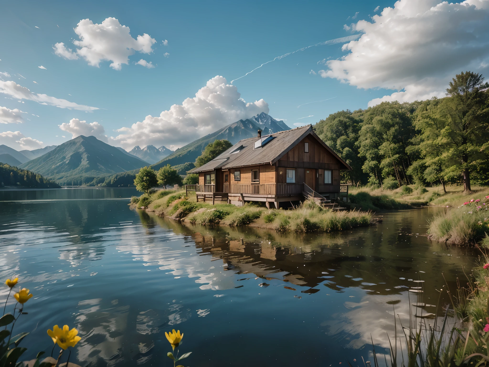 A majestic mountain peak rises into the cloudy sky, while a crystal clear mountain lake stretches at its feet. Die Sonne bricht durch die Wolken und taucht die Szene in warmes, goldenes Licht. Im Vordergrund erstreckt sich eine sanfte Wiese, dotted with wild flowers and crossed by a clear stream. There is a lonely wooden hut on the shore of the lake, surrounded by tall trees. Show nature in its untouched beauty and capture the moment of peace and quiet, der diese atemberaubende Landschaft durchdringt.