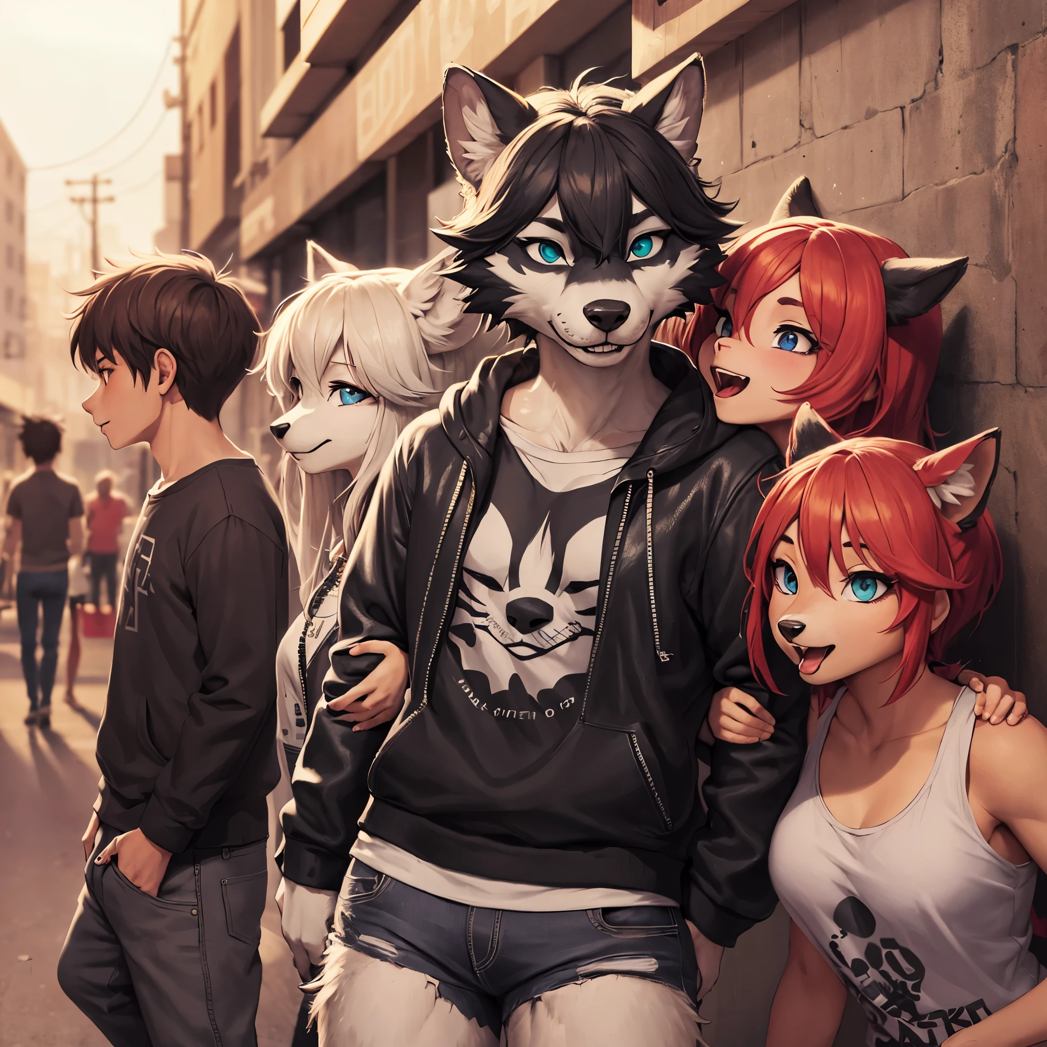 dynamic angle, top quality, best quality, High-quality illustrations, masterpiece, super high resolution, detailed background, detailed background, Stylish CD jacket, punk rock, torn Clothes, street, Concrete wall, group shot:0.1, 6+boys, 6+girls, Happy, joyful, absurdres(highly detailed beautiful face and eyes)perfect anatomy(kemono, furry anthro),