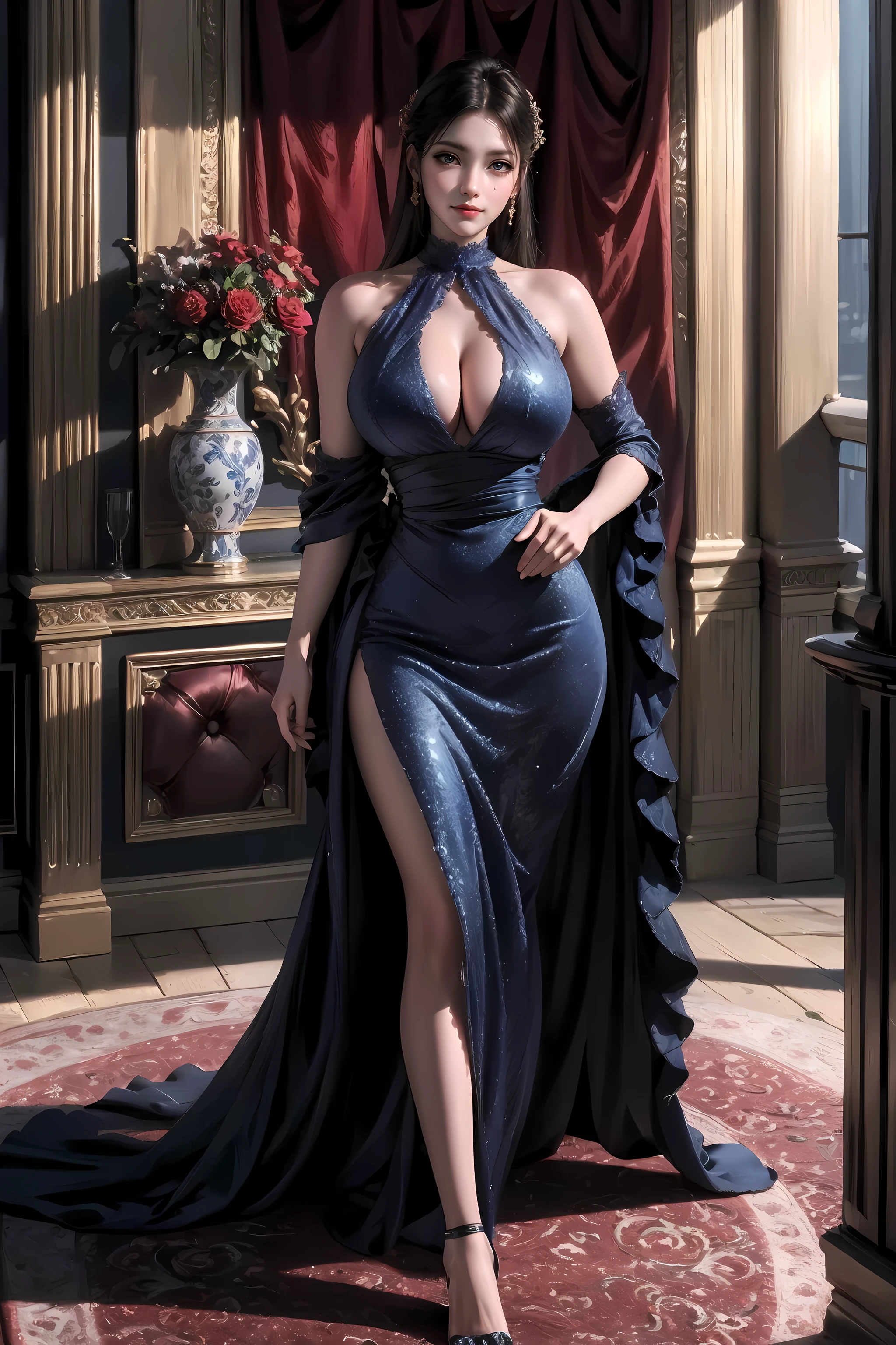 (best quality,4K,8k,high resolution,masterpiece:1.2),Super detailed,(actual,photoactual,photo-actual:1.37),evening dress,elegant lady,Detailed black shark girl,long eyelashes,elegant gesture,charming smile,Exquisitely carved face,Bright Eyes,Sparkling sequins,Delicate lace,Flowing trains,Gorgeous venue,soft candlelight,bright colors,Saturated hues,subtle shading,flawless skin,sublime beauty,magnificent style,Fascinating temptation,ethereal atmosphere,artistic creation,enchanting atmosphere,fine art painting,Impressive rendering,Luxurious texture,fine hair,exquisite craftsmanship,Classic and elegant,Refined style,Unforgettable scenery,Charming atmosphere,moody lighting,Well planned,Impeccable artistry,The presence of majesty,graceful movements,Shocking visual impact.