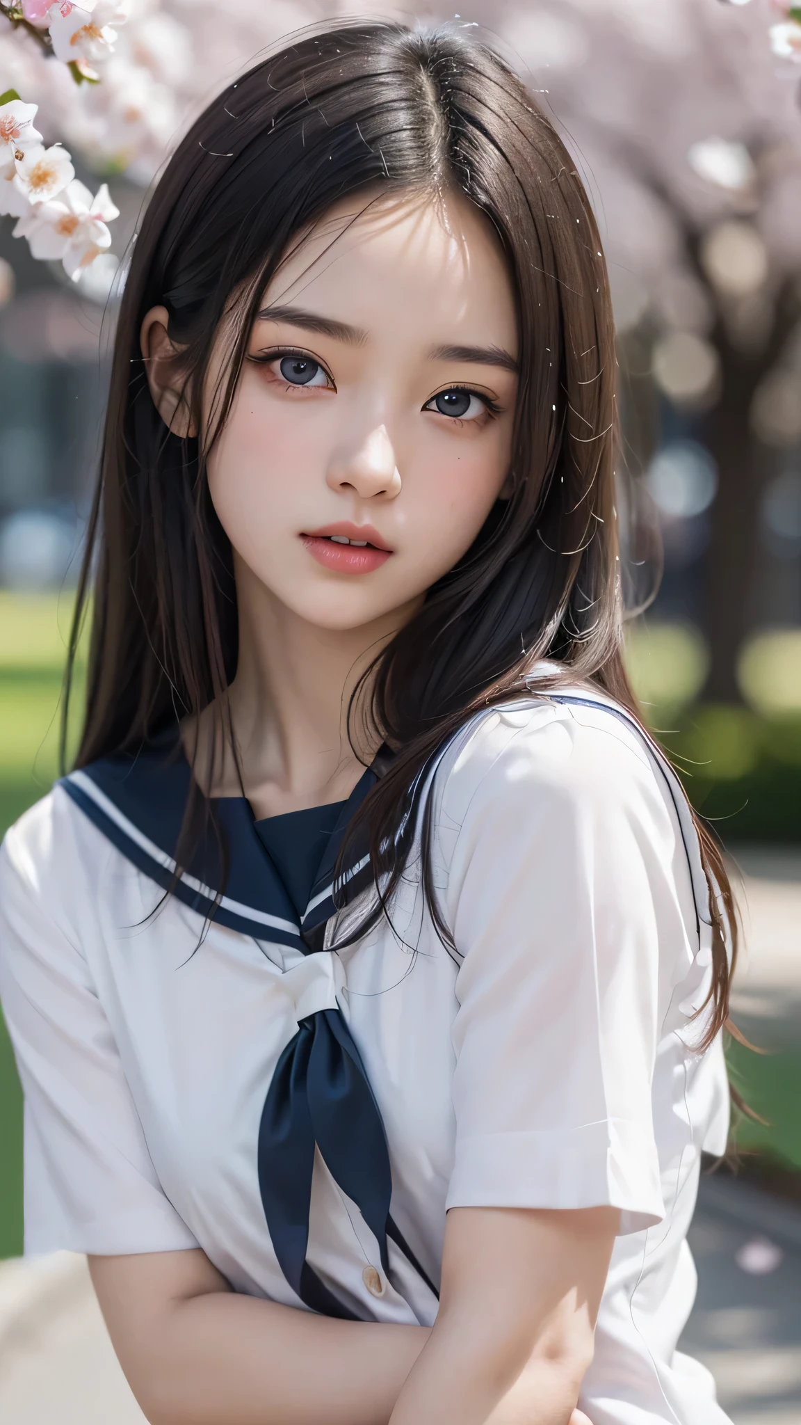 (1young girl), Amazing face and eyes, (amazingly beautiful girl), (Best Quality:1.4), (Ultra-detailed), (extremely detailed CG unified 8k wallpaper), Highly detailed, High-definition raw color photos, Professional Photography, sailor uniform, school uniform, School, Spring, cherry blossoms,