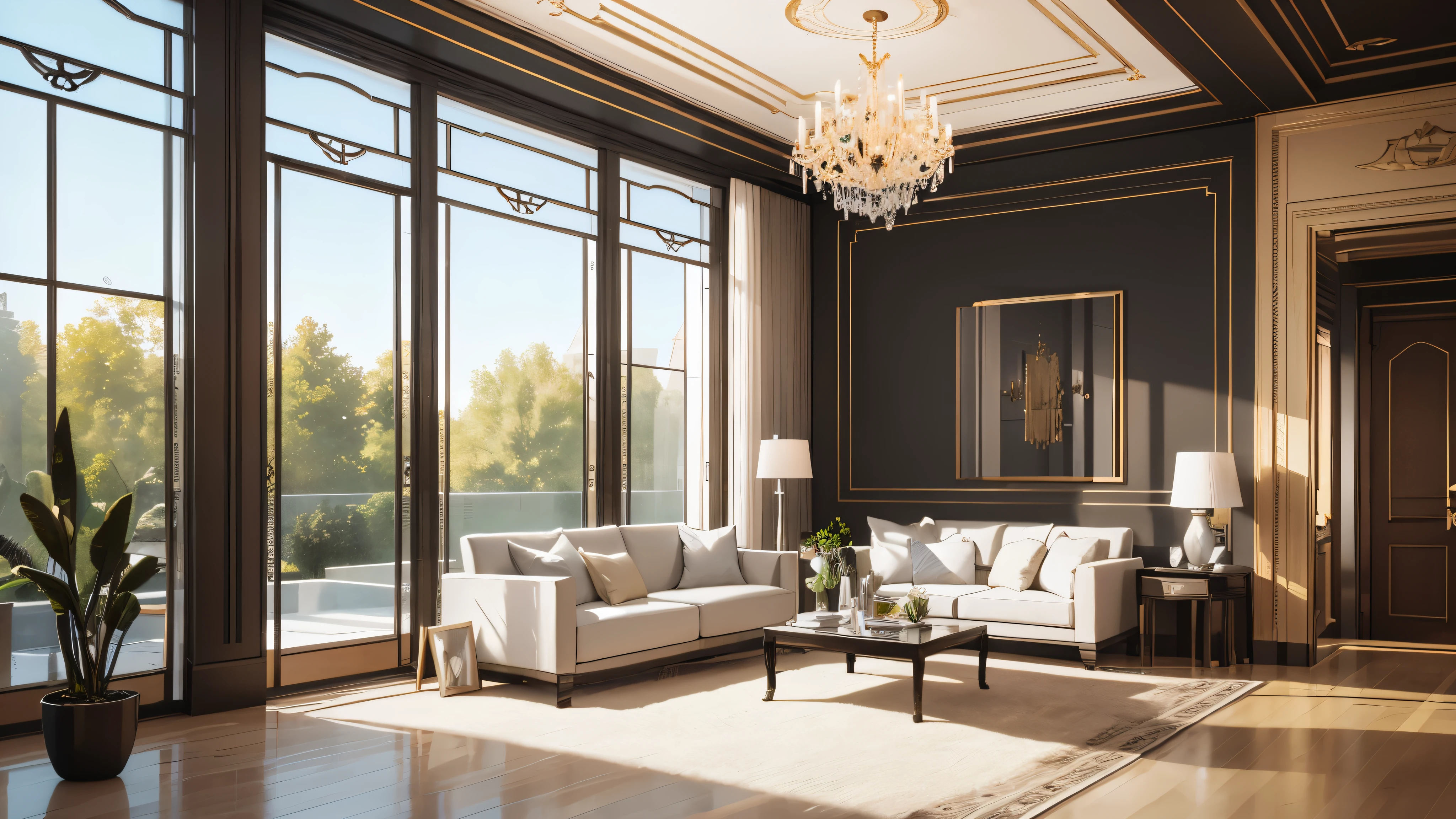 You are a famous interior designer、You have been asked to create a 3D image of a modern large room. Create a harmonious environment with modern and minimalist furniture. Including garden interior.
