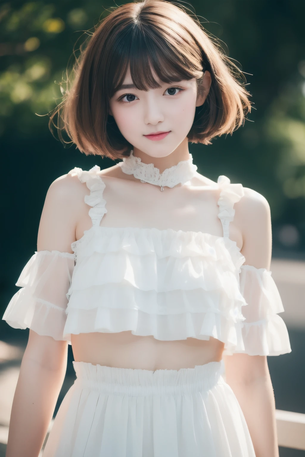 best quality, 32k, RAW photo, incredibly absurdres, extremely detailed, delicate texture, neat and cute girl, 18 years old, shy, a frilly, fluffy pure white dress like an idol's, skirt lift, perfect body line, beautiful glossy short bob hair, wind, professional lighting