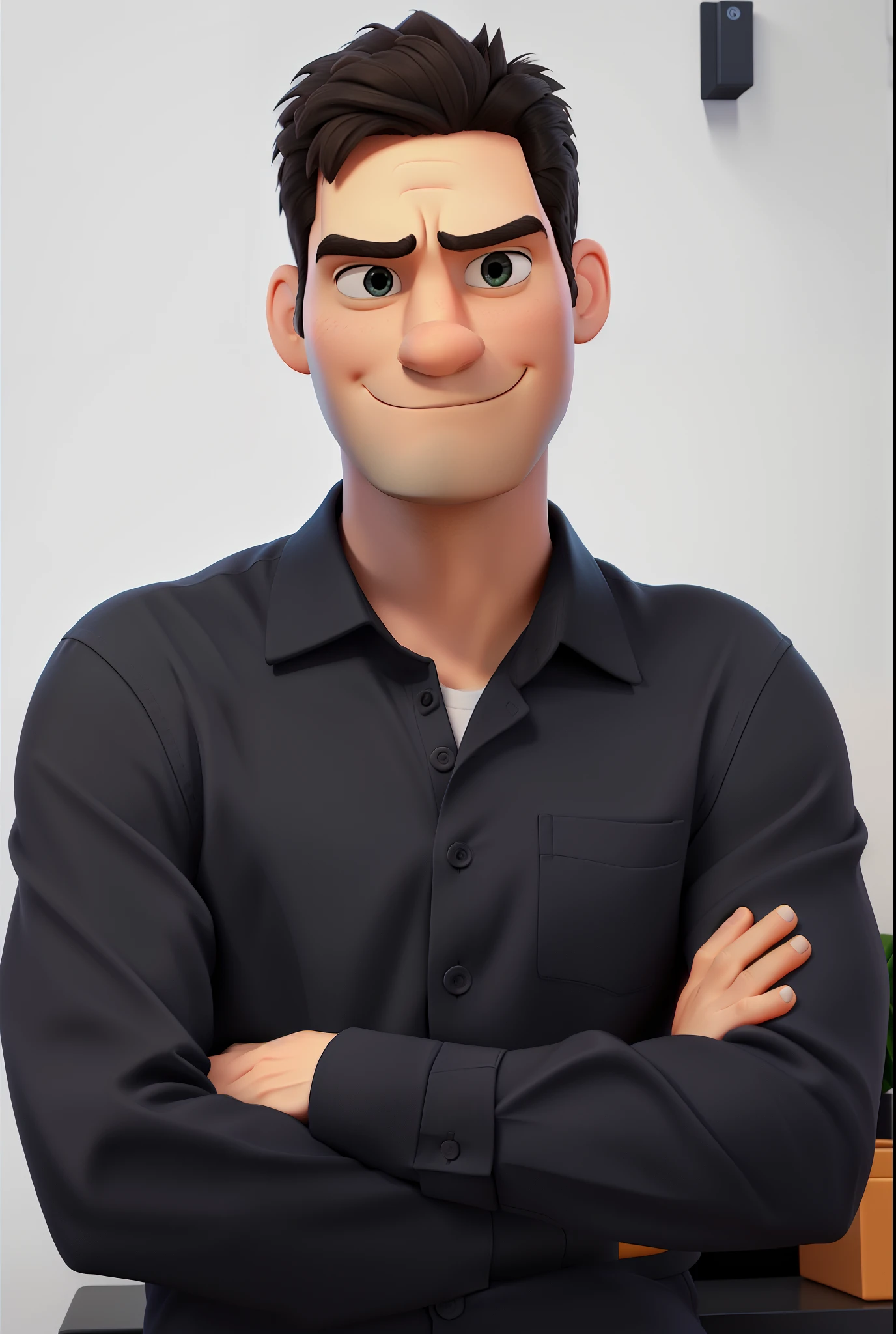 disney pixar 3d poster animated man in black shirt with arms crossed in front of a white wall