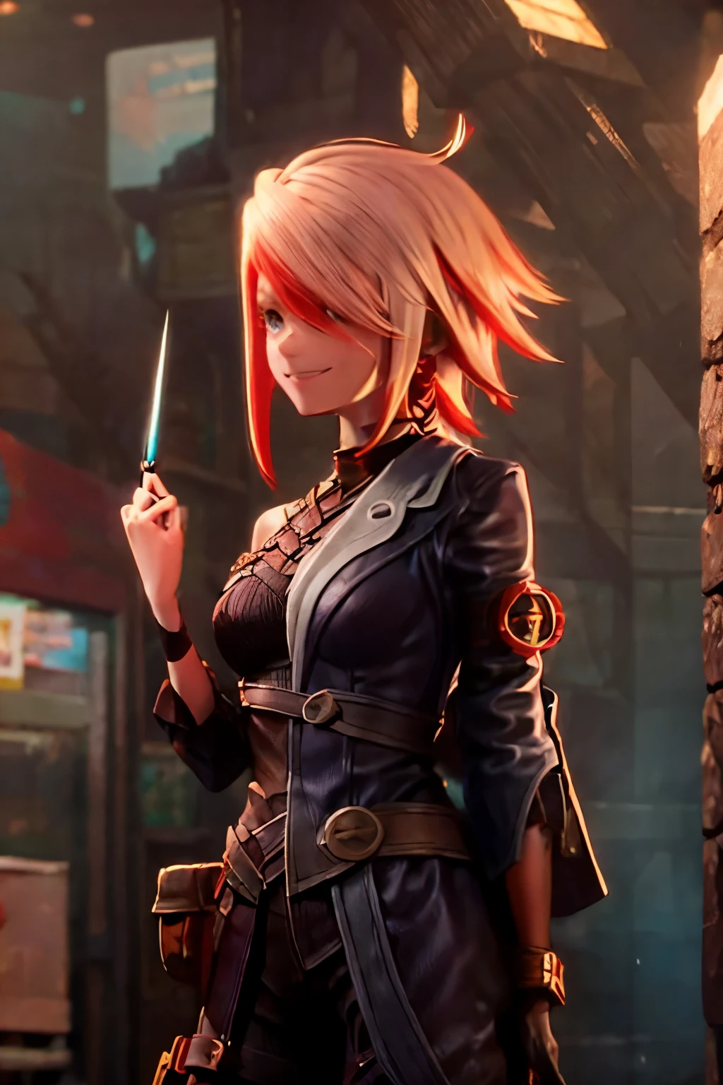 1girl, standing alone, white and red hair, red eye, messy hair, short hair, adventurer cloth, holding needle, night, in ruins, psyco smile, shining eye