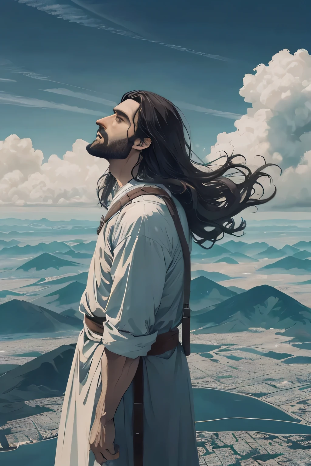 Jesus flutuando no ar no topo das nuvens com raios pelas nuvens, Surrealism, 8k, super detail