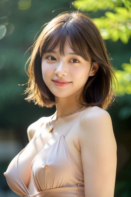 (RAW photo, highest quality), naked, see through dress, tight waist、thick thighs、necklace, 、very delicate and beautiful, soft light, (brown hair, short hair swaying in the wind, bangs), beautiful detailed girl, (finger details), highly detailed eyes and face, beautifully detailed nose, beautiful and detailed eyes, 1 girl, Japanese, Neat beauty, cute, young, smile, ,(medium breasts), realistic face, realistic body, From navel to head, The hair on the skin shines、mole on face and chest、dress swaying in the wind、stare at the camera、tight waist、garden、Bokeh
