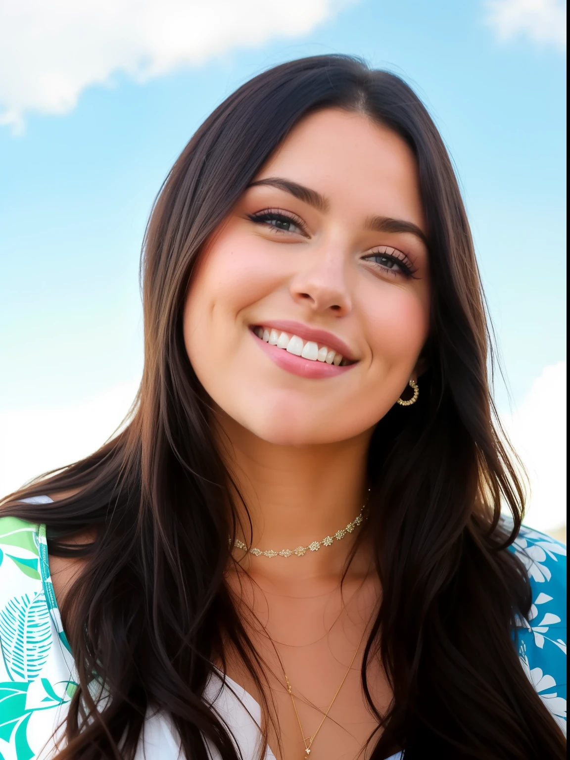 mulher sorridente com longos cabelos castanhos e um vestido floral azul, white angelica, Violeta Myers, linda e sorridente, close-upheadshot impressionante, italian looking emma, sorrindo e olhando diretamente, portrait , lindo sorriso sedutor, Adriana Chechik, angelawhite, charli bowater, Retrato de Sophie Mudd, Head Close